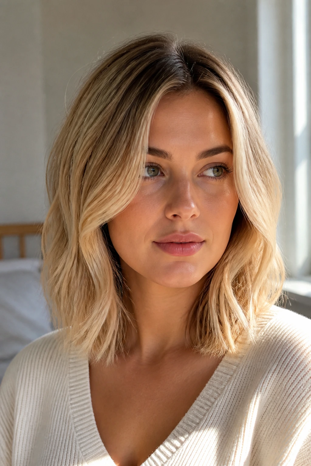 Close-up portrait of a real woman with cream soda blonde mid-length hair