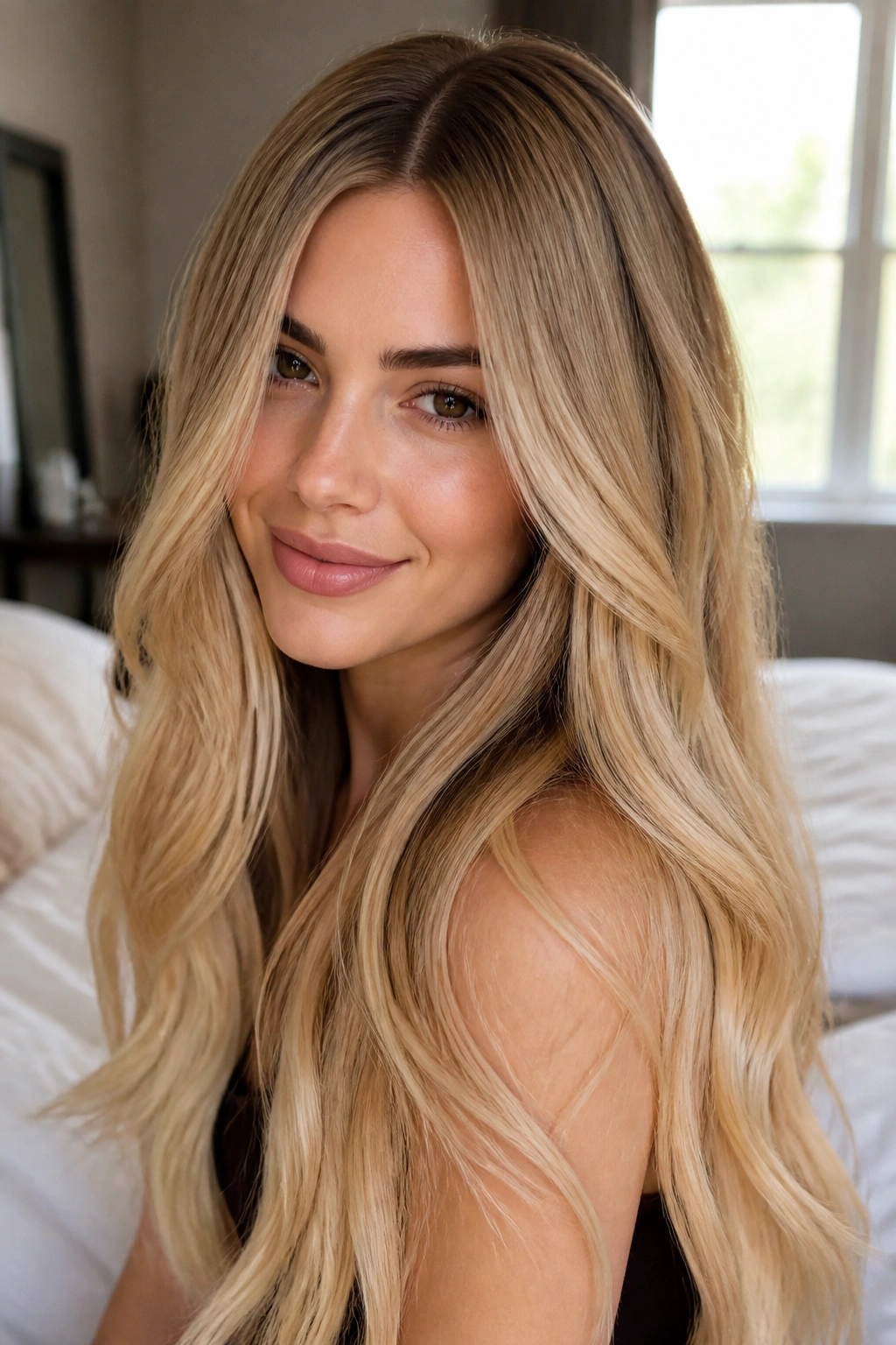 Close-up portrait of a real woman with cream soda blonde ombre hair fading from root to tip