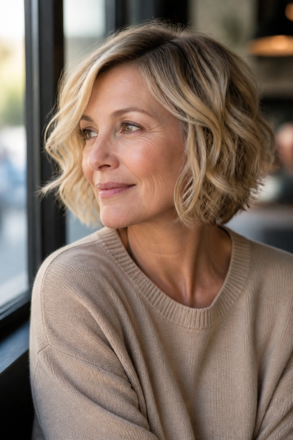 Real woman with short wavy hair in cream soda blonde.