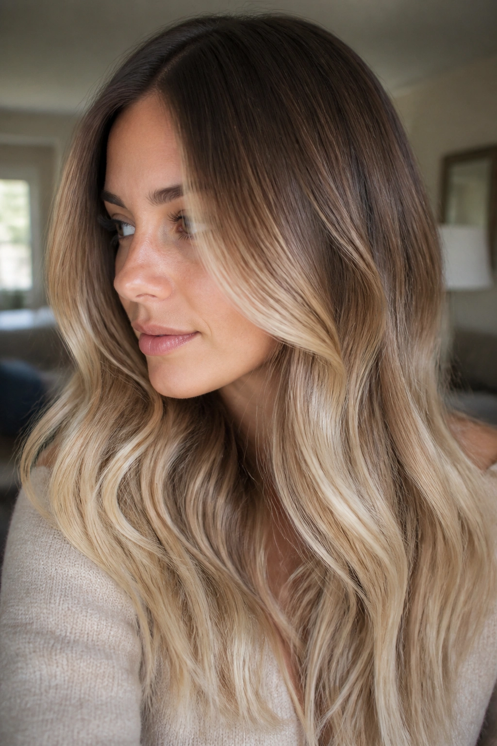 Medium brown hair with cream soda highlights and root shadow.