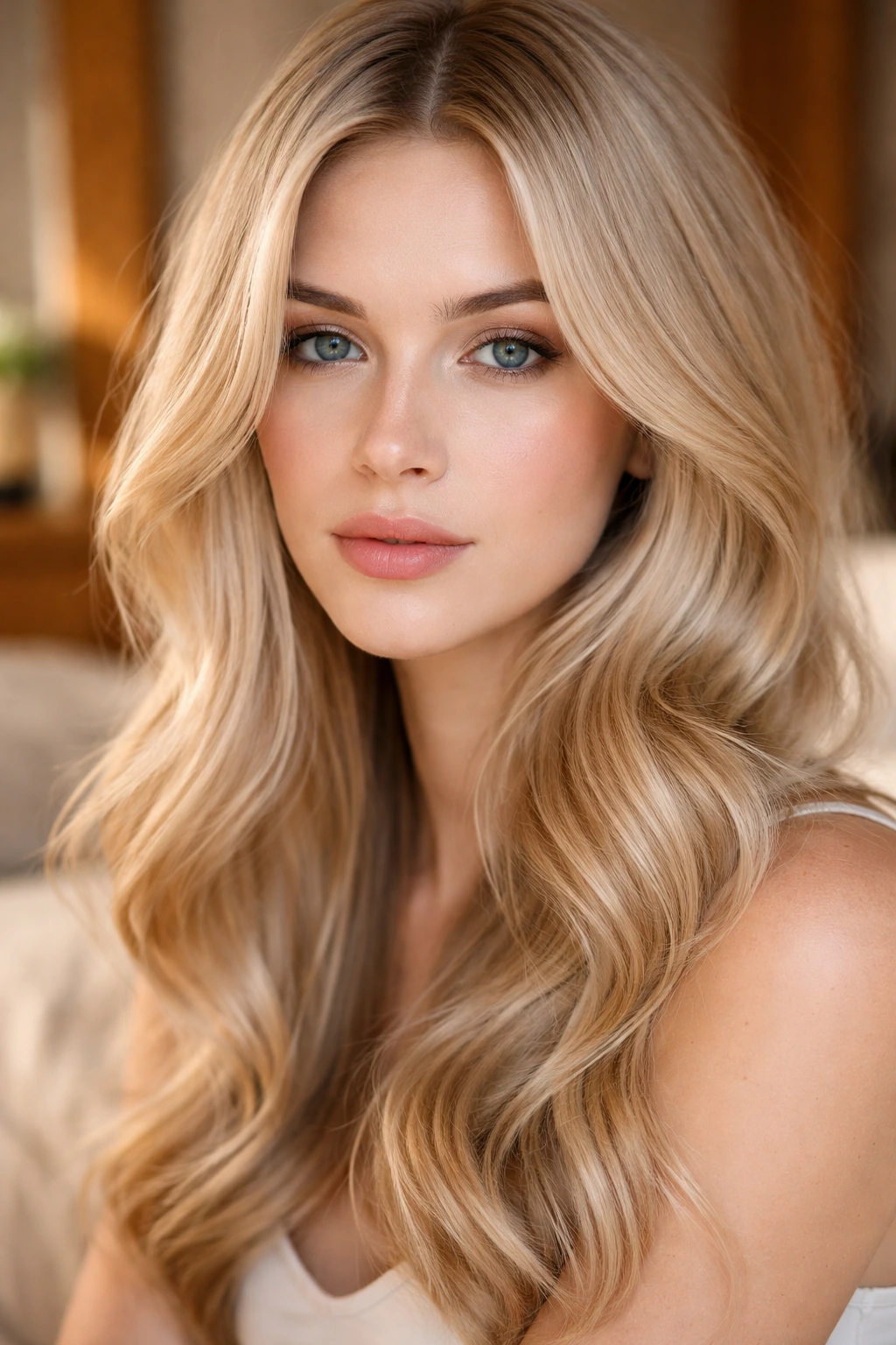 Close-up portrait of a woman with cream soda vanilla hair color in a sunlit bedroom