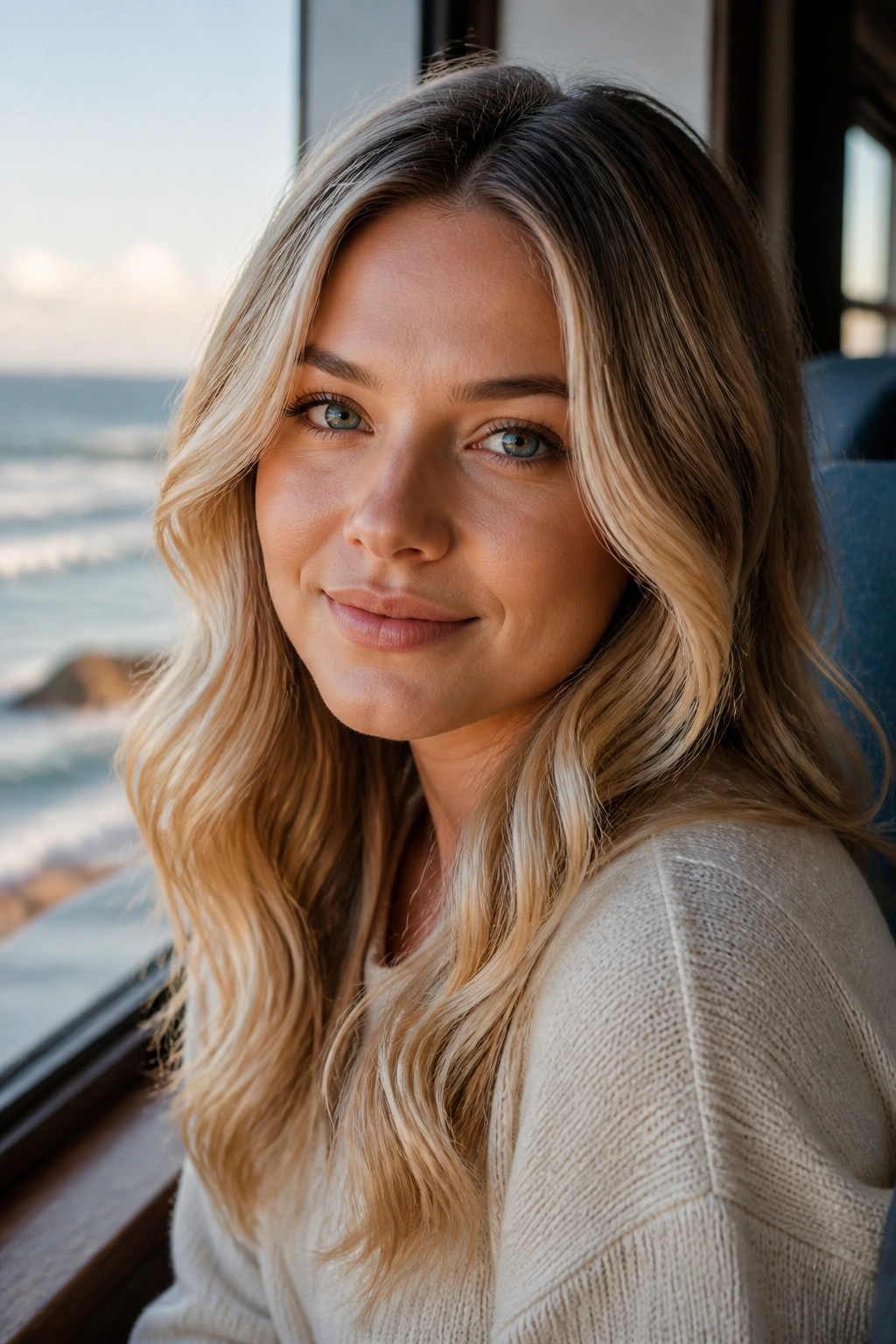 Close-up of a woman with cream soda waves and beige-gold color