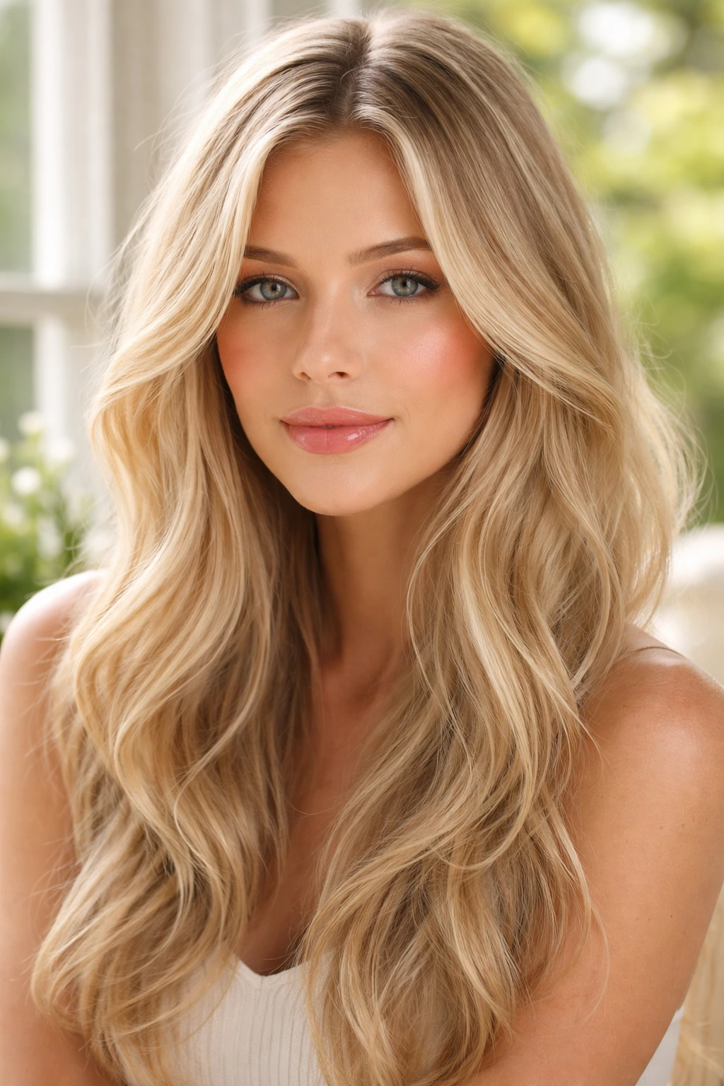Close-up portrait of a woman with creamy babylights under morning sun