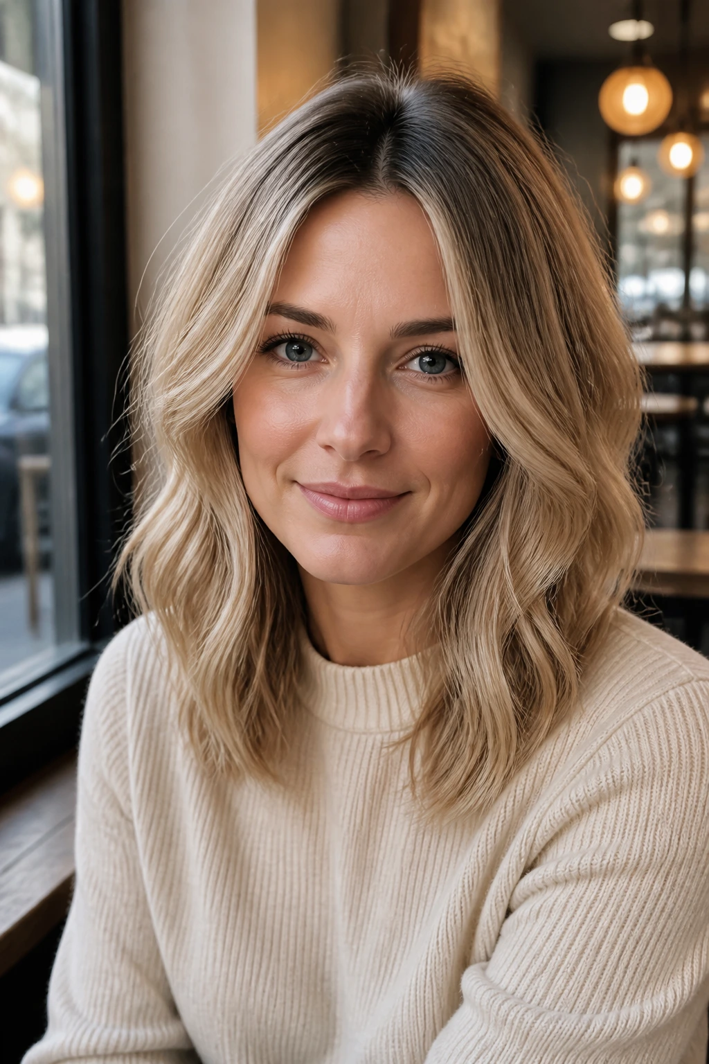 Close-up portrait of a real woman with creamy beige blonde and shadow root in natural light