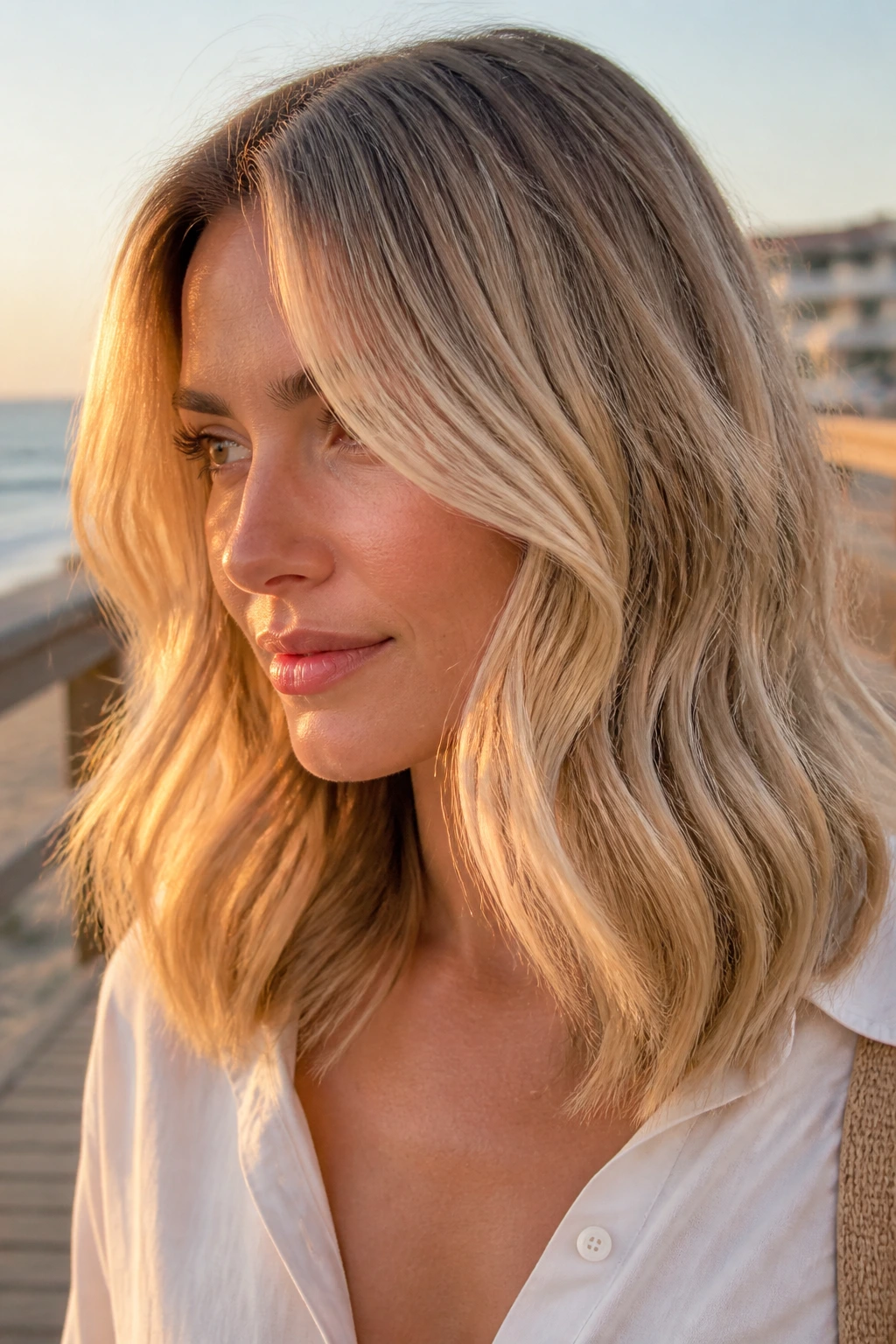 Portrait of a woman with creamy beige blonde waves.