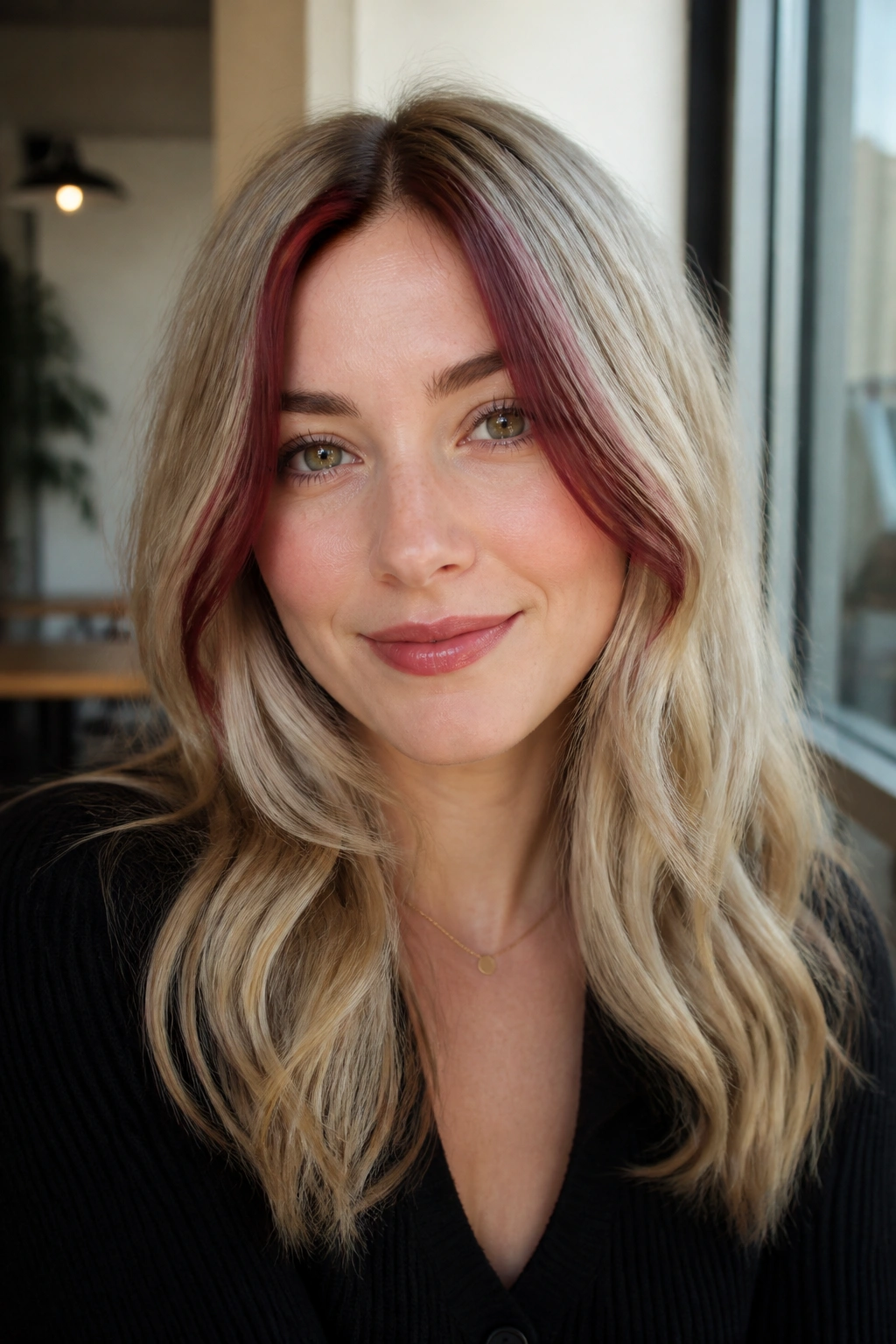 Portrait of a woman with creamy beige blonde and burgundy money piece