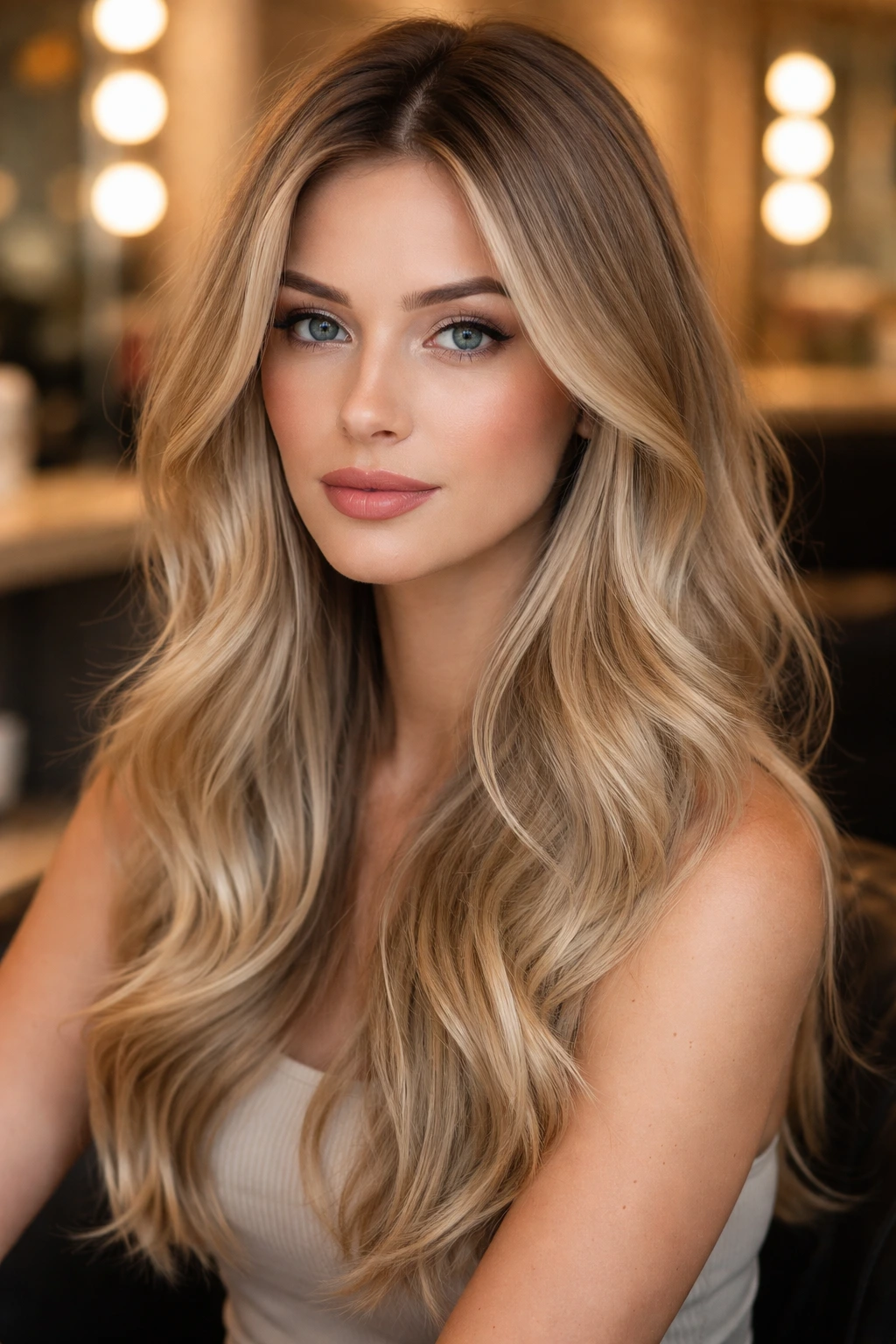 Close-up of a woman showing creamy beige hair with darker root shadow under soft salon lighting.