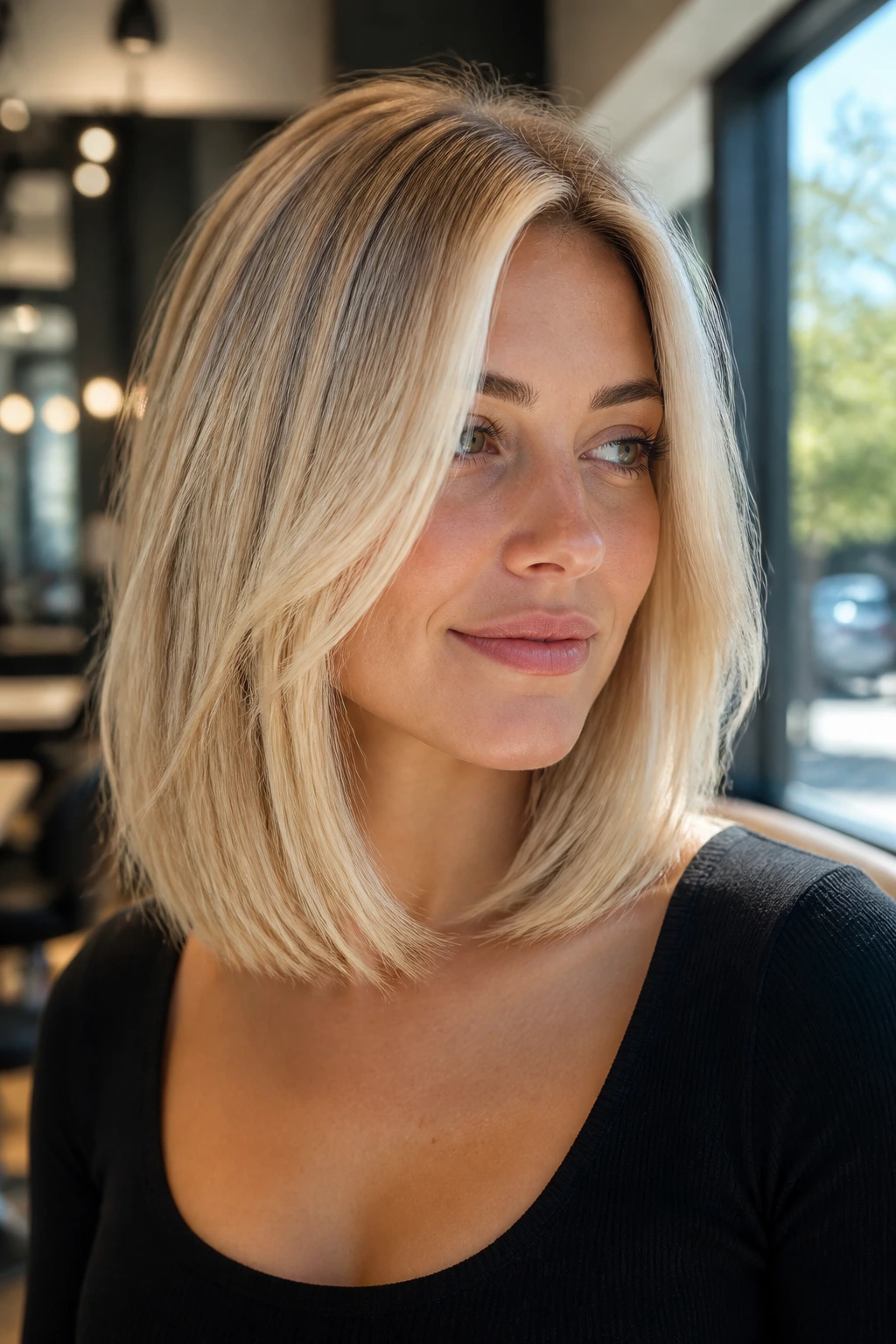 Portrait of a real woman with creamy blonde invisible-layer lob showing subtle inner layers.