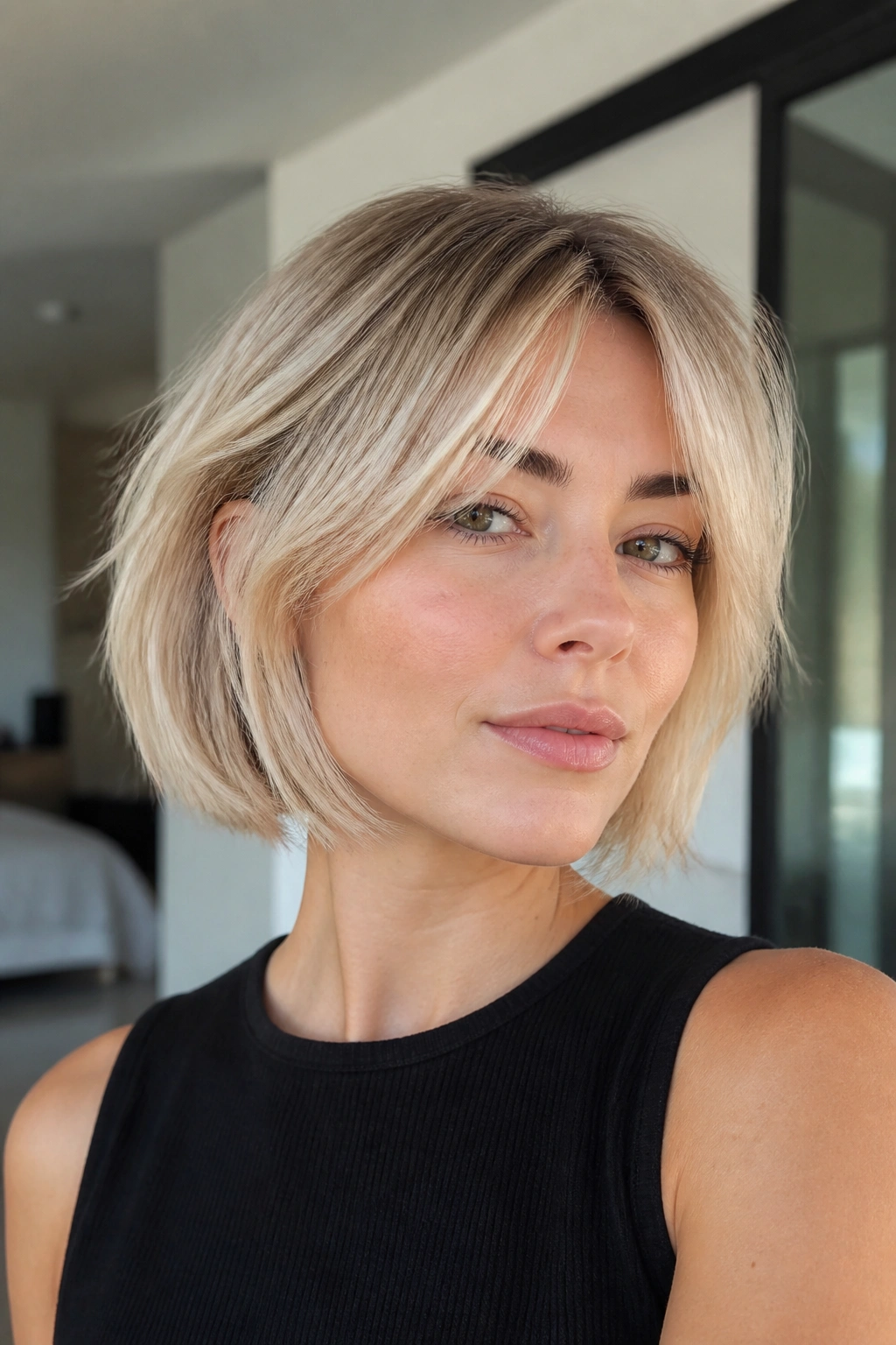 Close-up of a real woman with Creamy Blonde Shag Bob and feathered inside layers