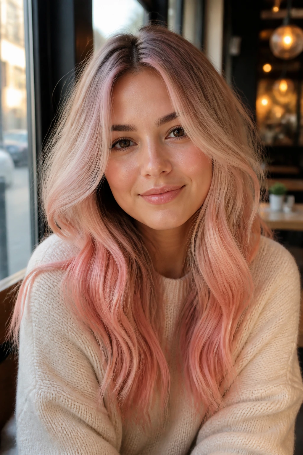 Portrait of a real woman with creamy bronde hair and peachy pink gradient