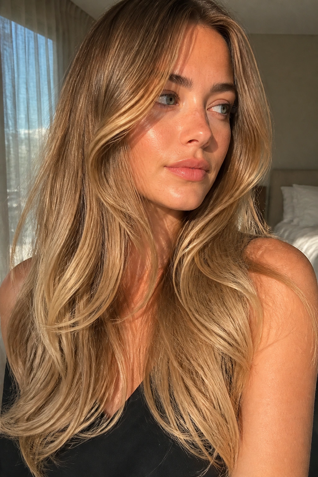 Woman with creamy caramel melt on long layered hair