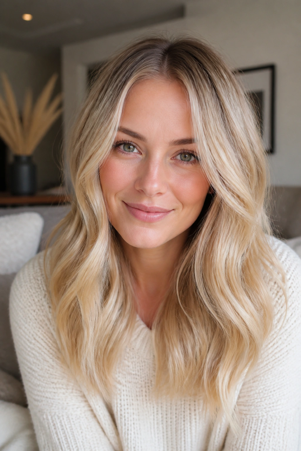 Close-up of a real person with creamy champagne melt hair in pale beige tones