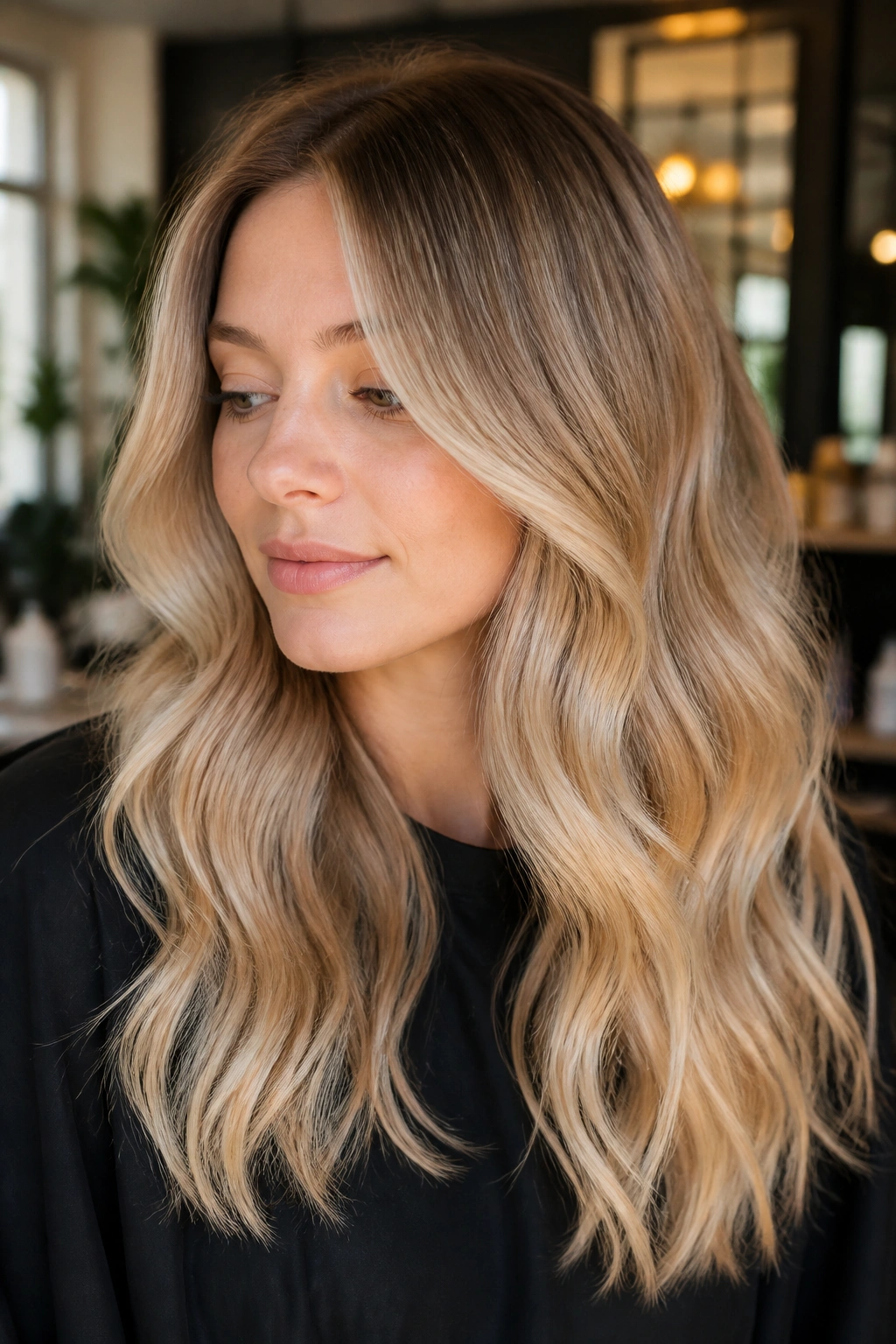 Close-up of a real woman's hair in creamy honey blonde melt with seamless blend and soft waves