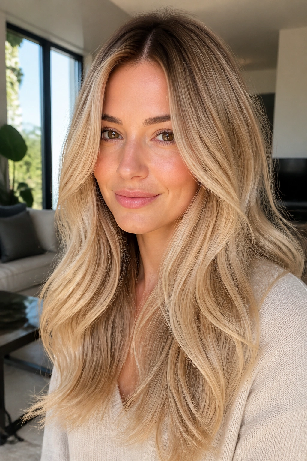 Portrait of a real woman with creamy honey blonde and soft root melt.