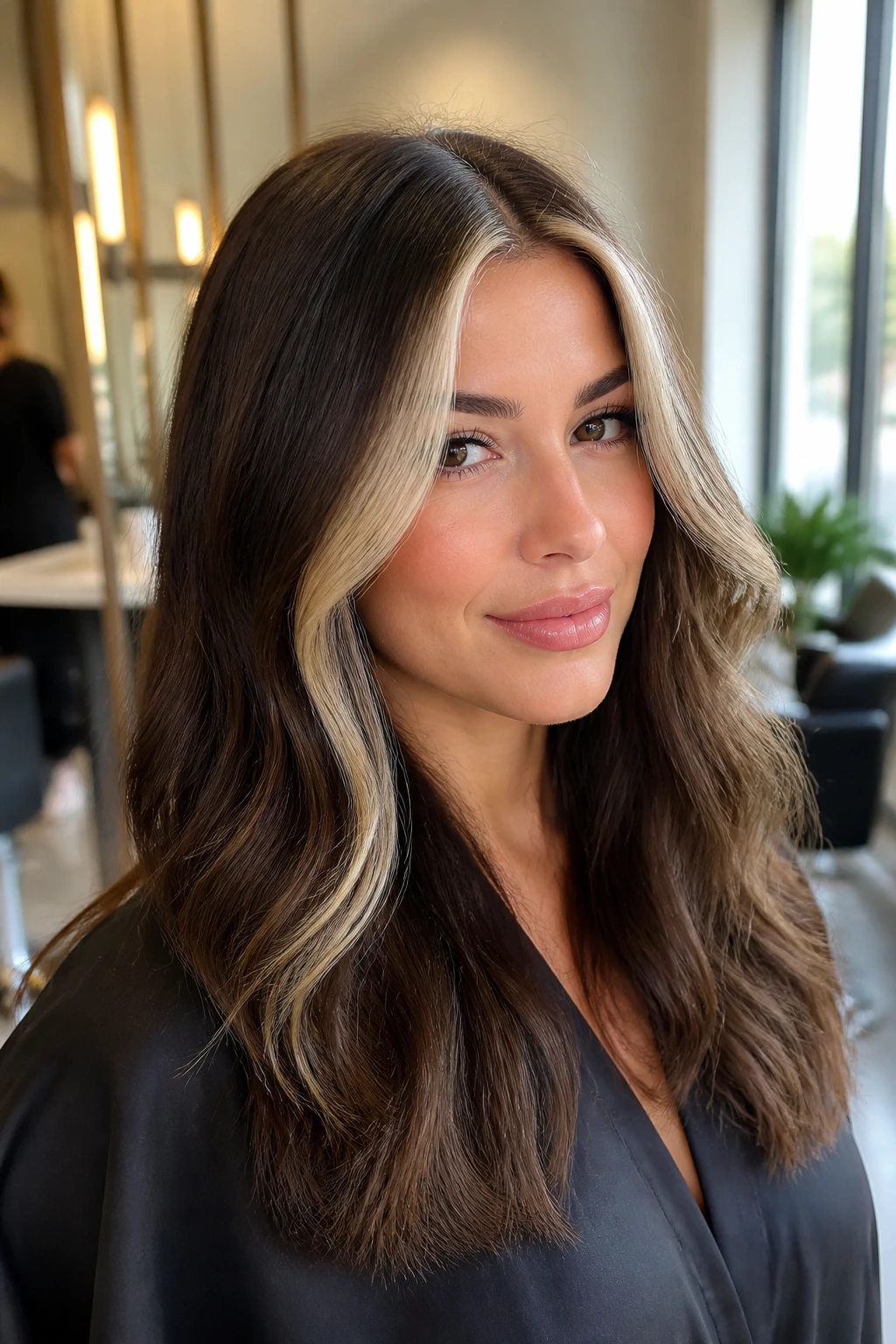 Face-framing creamy money piece on brunette hair with center part