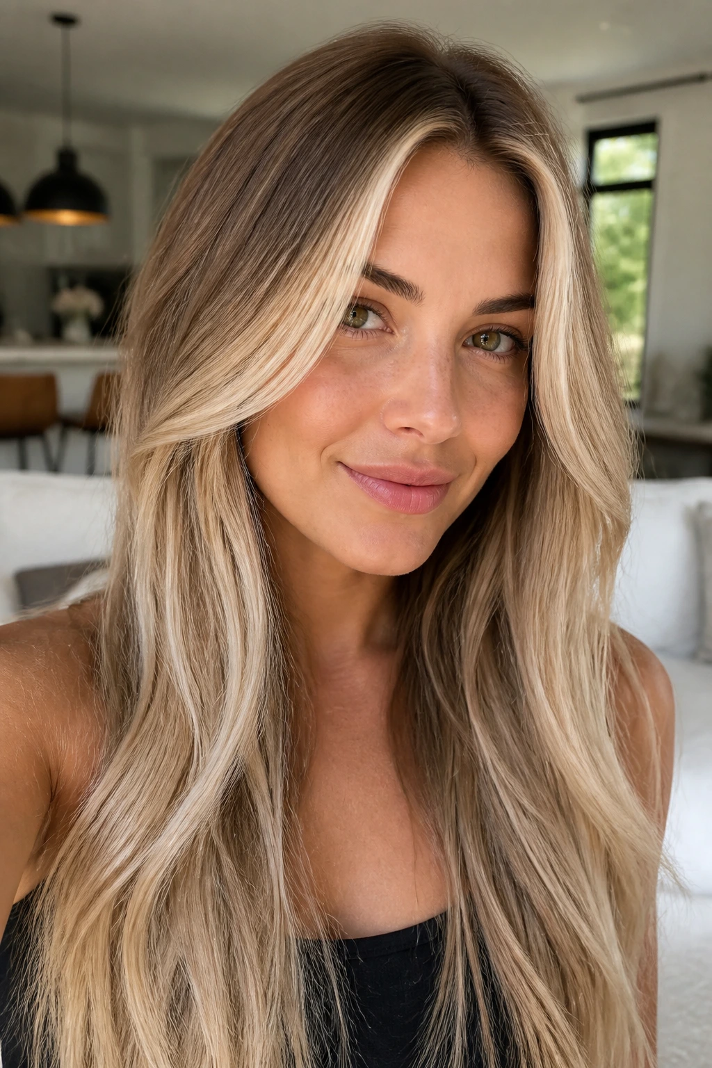 Close-up of a real woman with creamy money piece ombre around the face