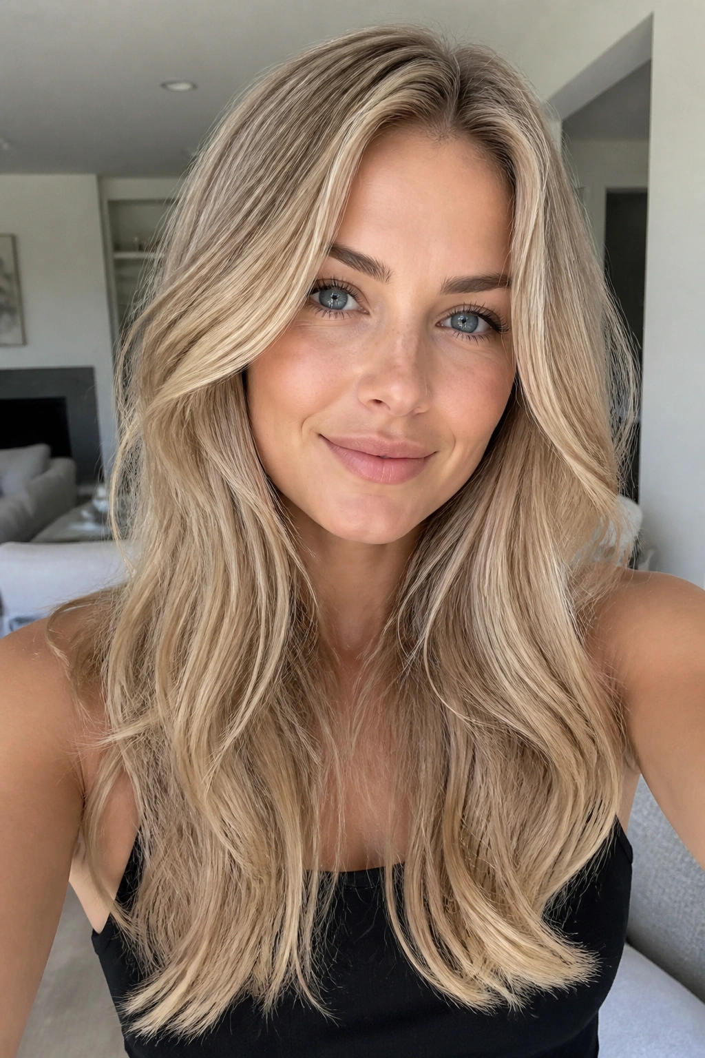 Close-up portrait of a real person with creamy neutral sandy blonde hair in bright light.