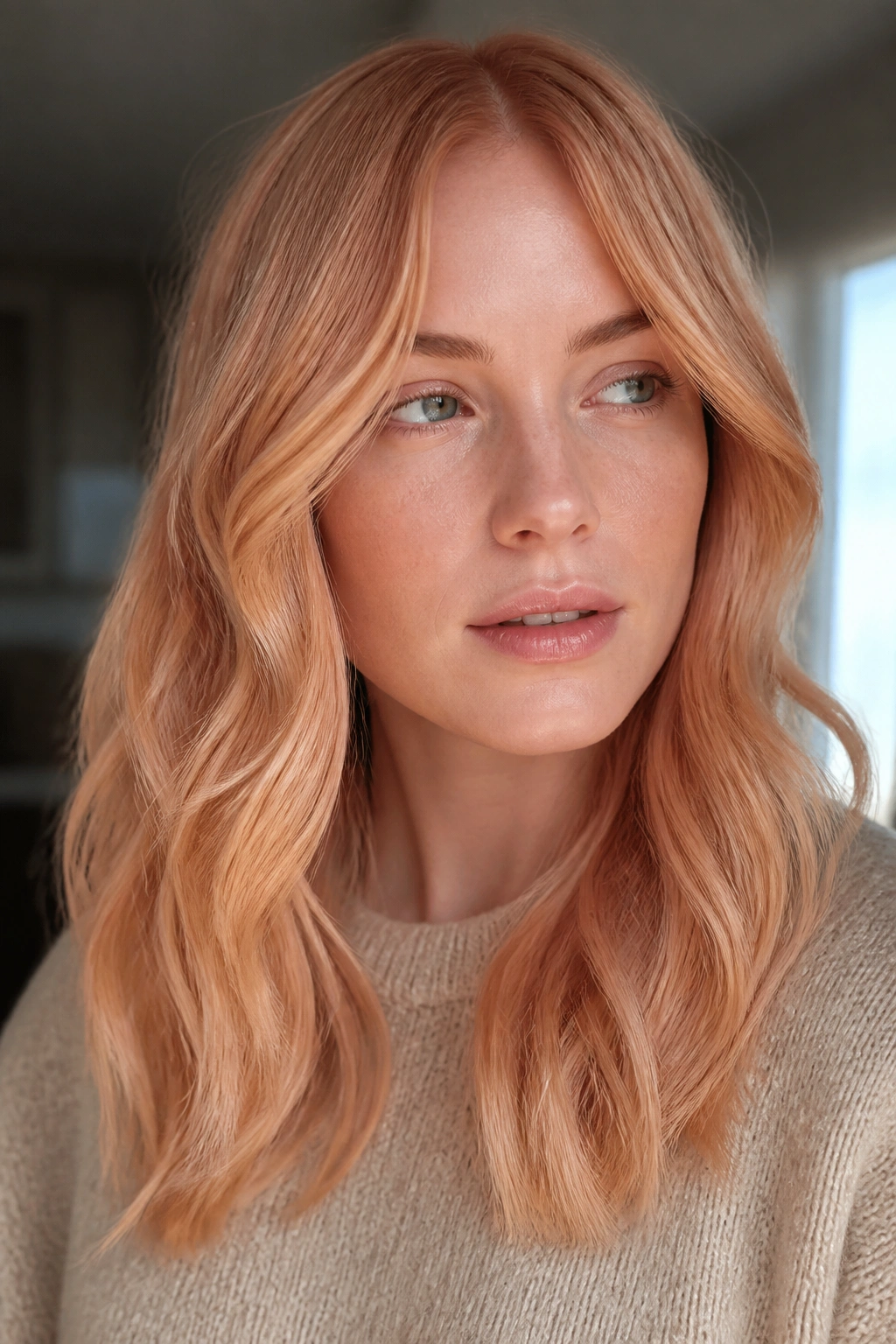 Close-up of real woman with creamy peach strawberry blonde in natural daylight.