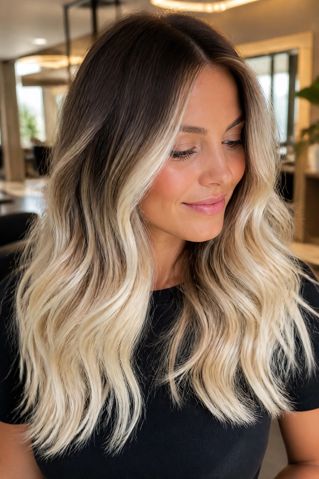 Close-up of brown hair with creamy platinum ends