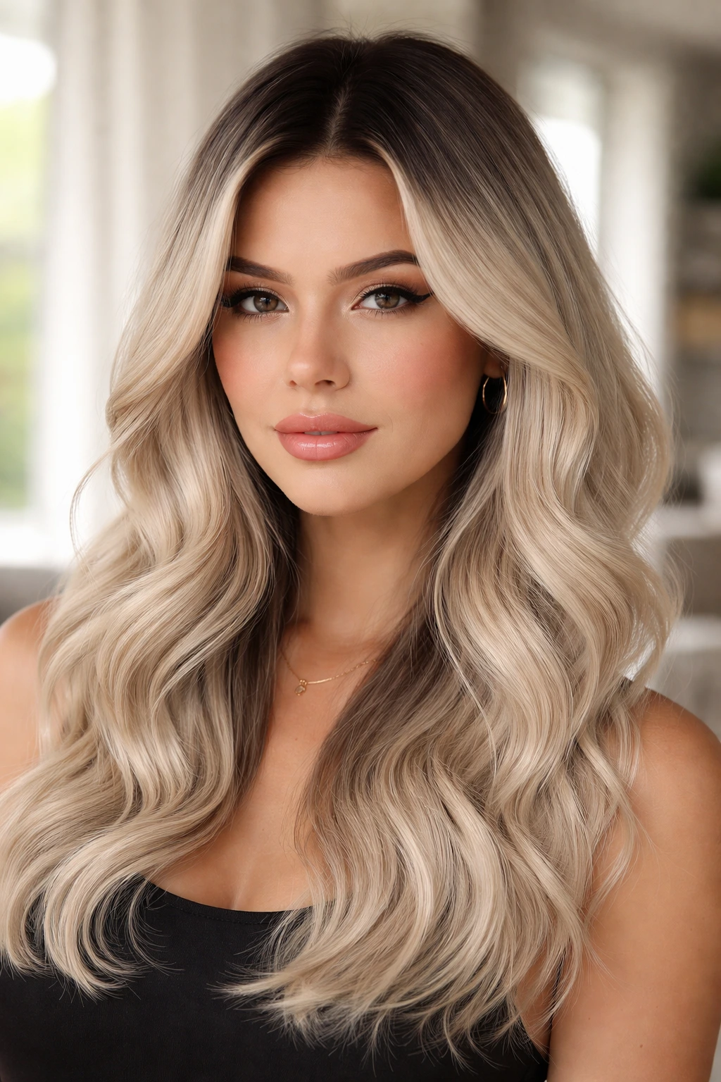 Close-up portrait of a real woman with creamy platinum waves and black root blur in bright daylight