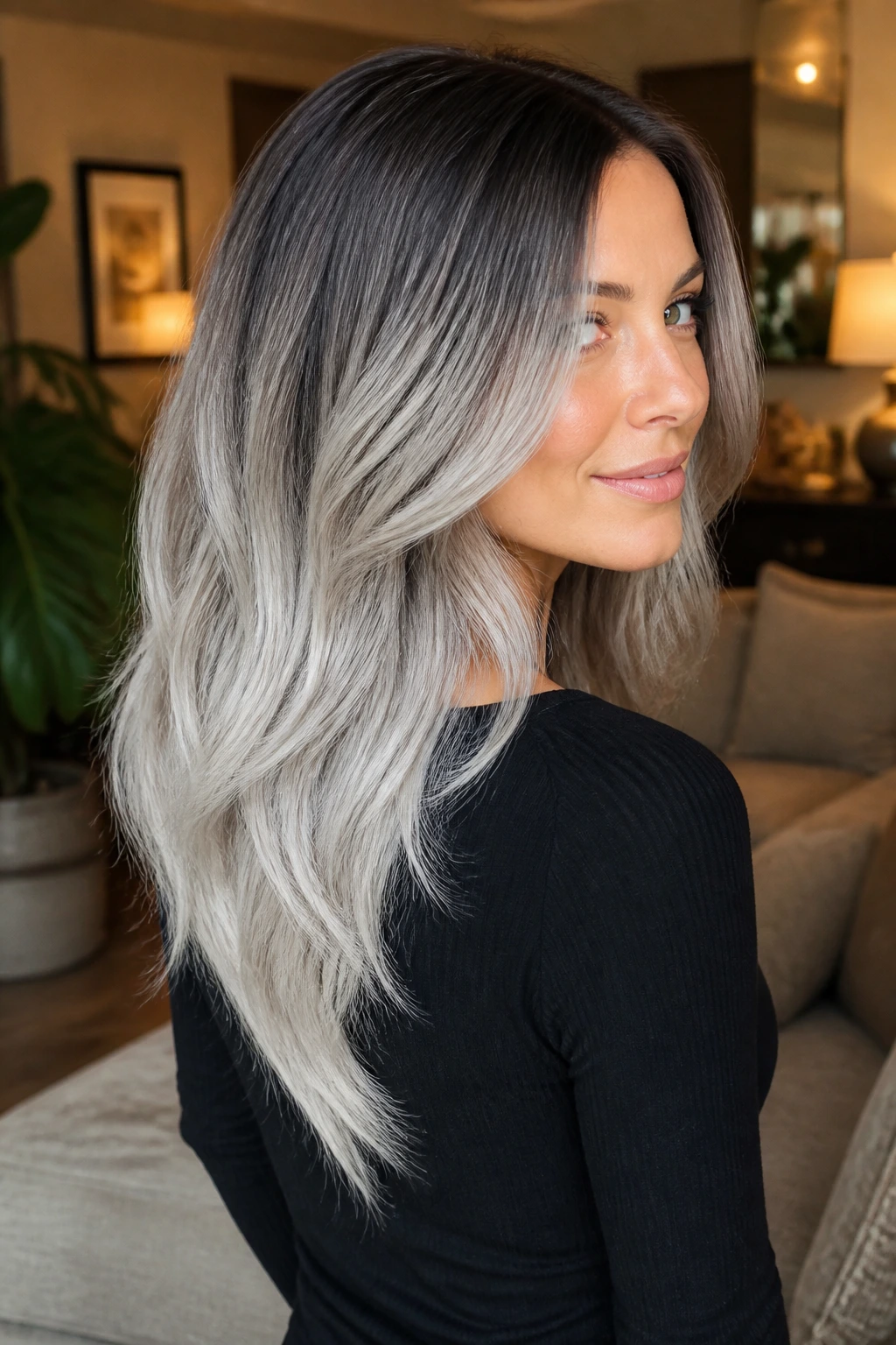 Woman with creamy silver melt and V-cut hairstyle in a warm living room