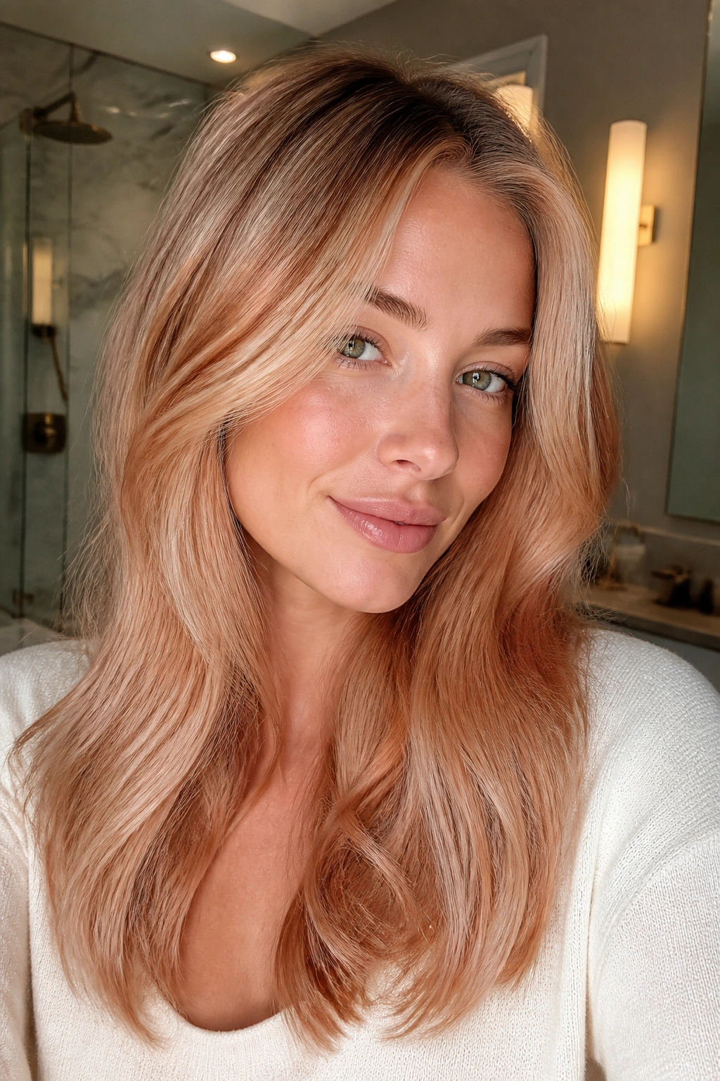 Close-up portrait of a real woman with creamy strawberry blonde and lived-in roots.