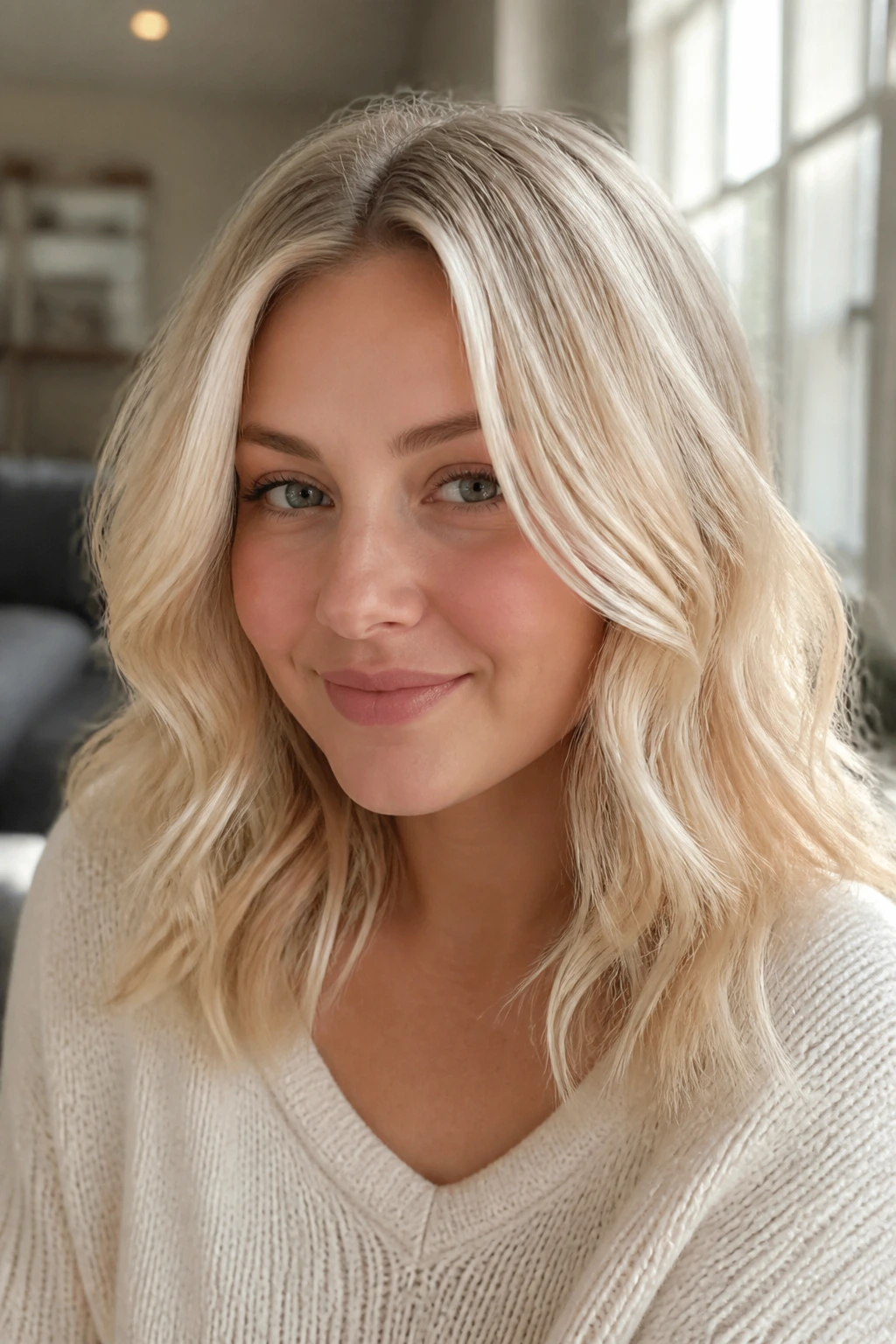 Close-up portrait of a real person with creamy vanilla blonde on wavy mid-length hair.