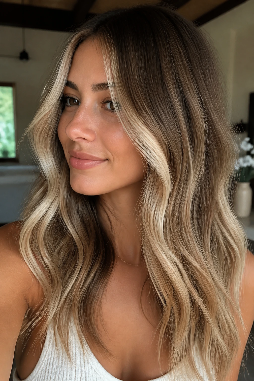 Close-up of creamy vanilla bronde on medium brown hair
