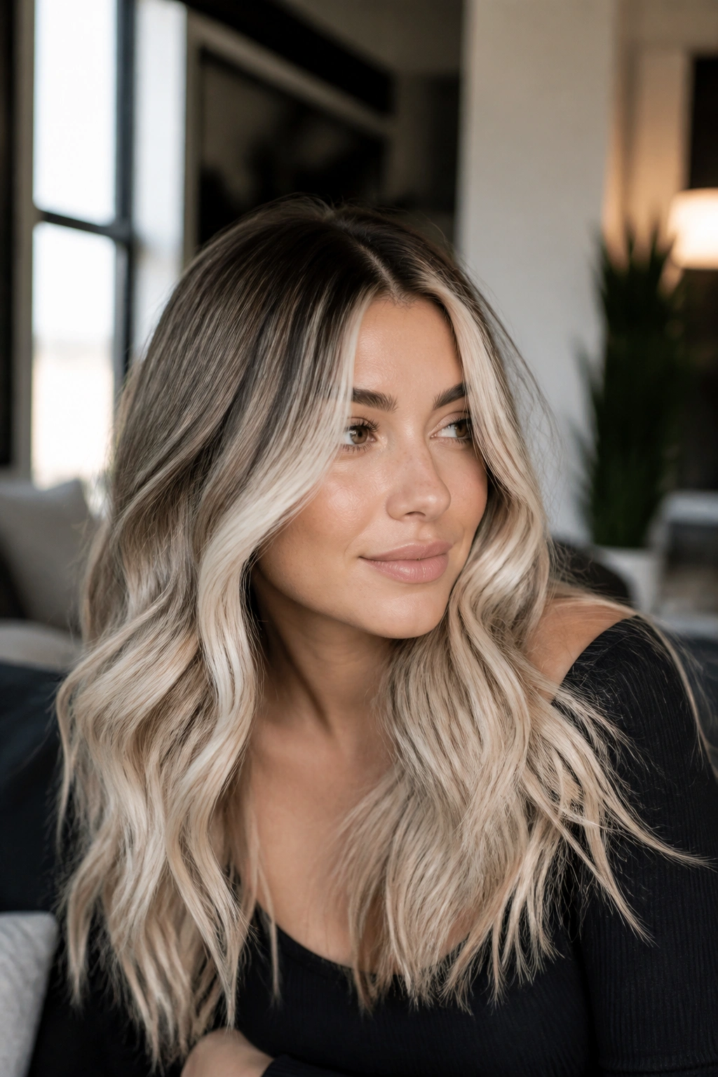 Medium close-up of a woman with brunette roots and creamy white balayage ribbons around the face