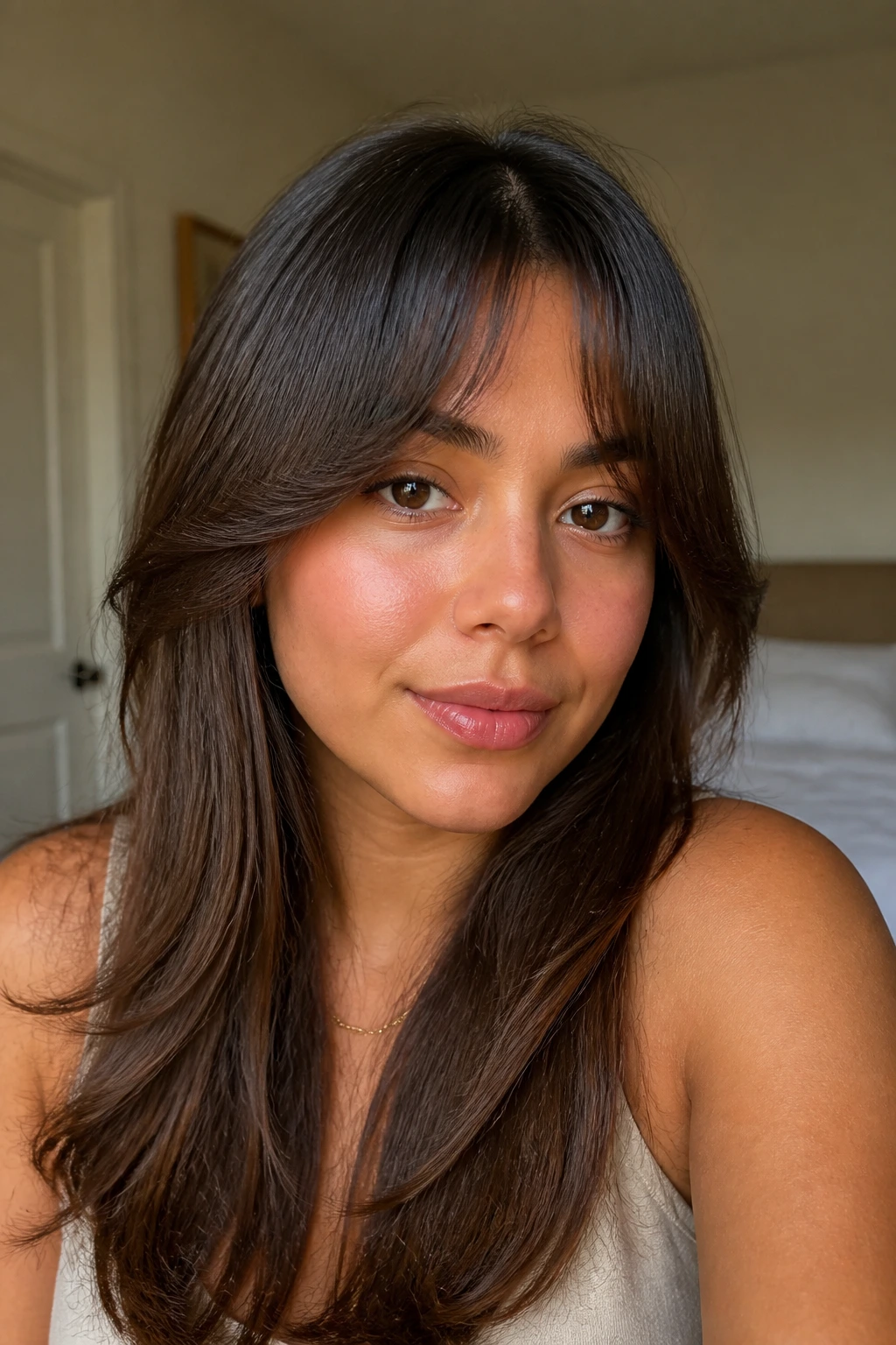 Close-up portrait of a real woman with crescent bangs curved along the cheeks in warm natural light