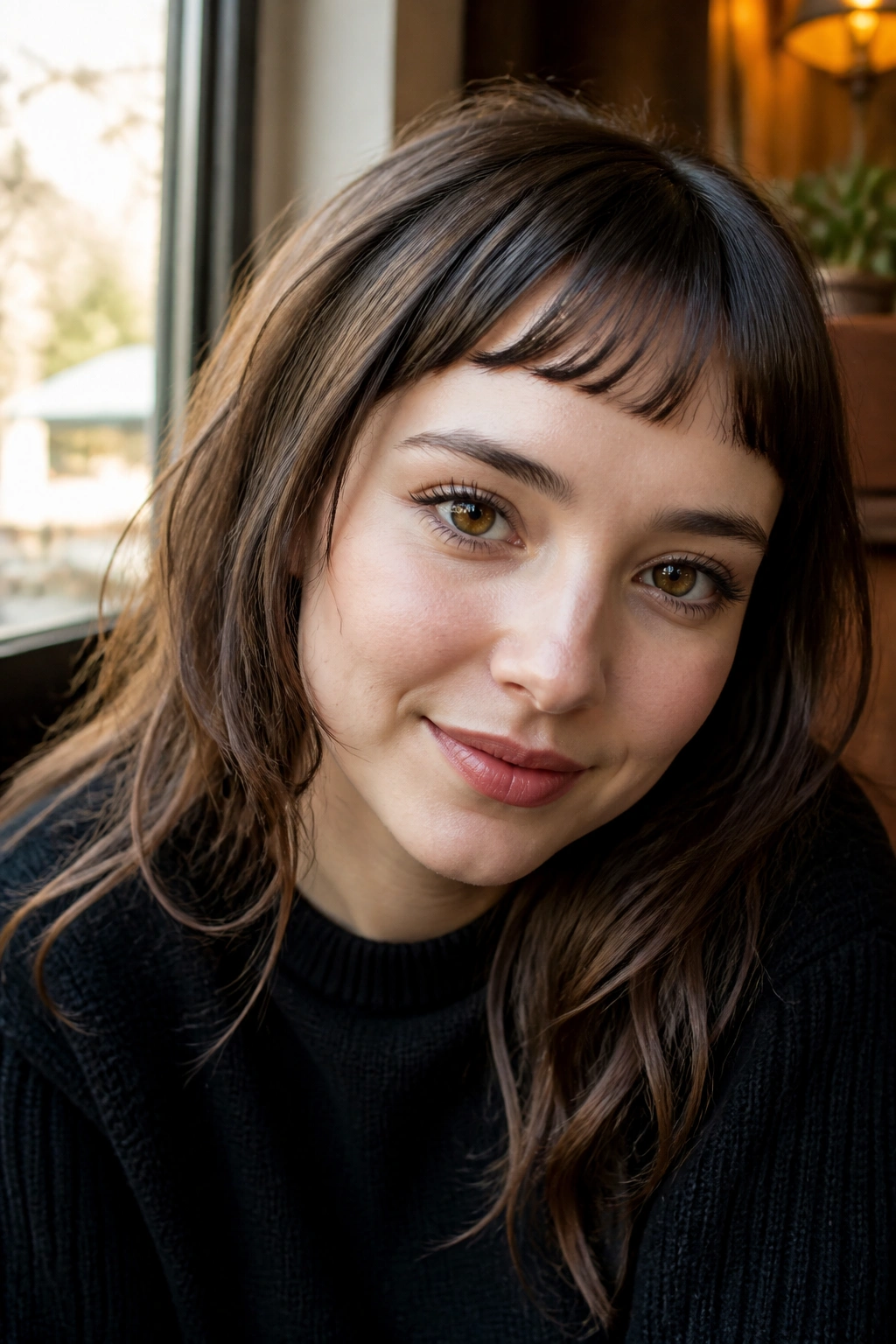 Close-up portrait with crescent-shaped micro bangs softly curved