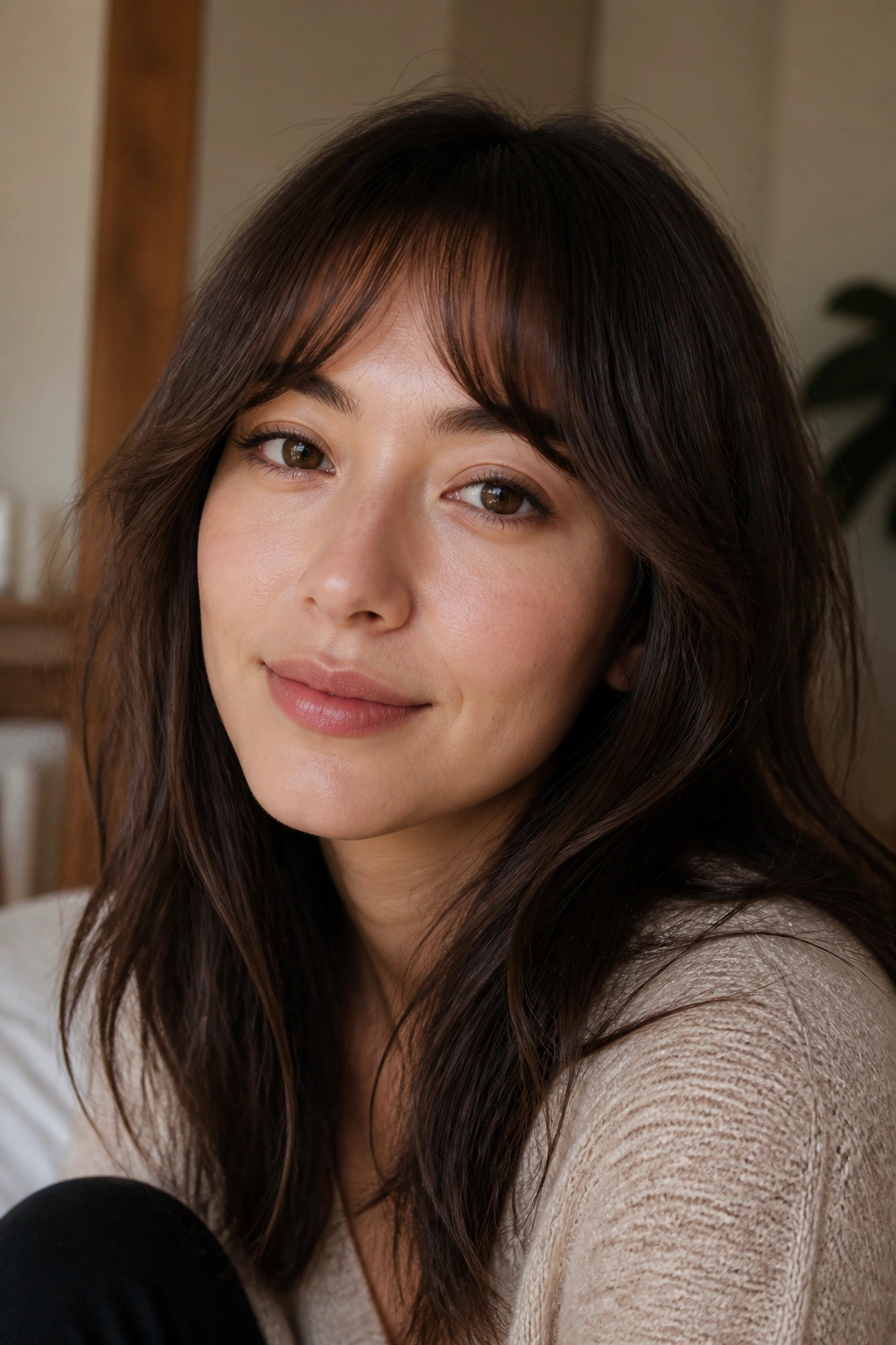 Close-up portrait of a real woman with crescent bangs forming a soft arc