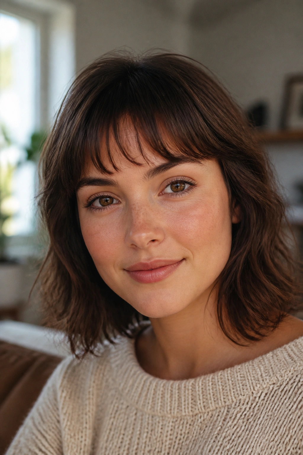 Close-up of a real woman with crescent fringe in soft ambient light