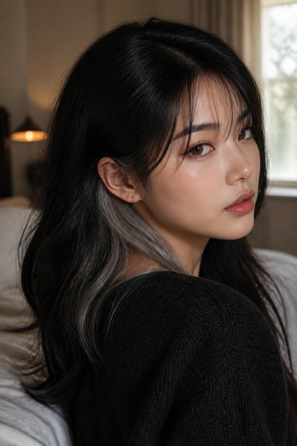 Portrait of a woman showing a hidden silver crescent underlayer at the nape beneath dark hair