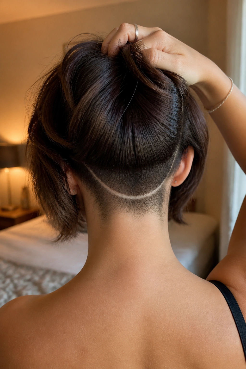 Real person with crescent-shaped nape cut visible at back of neck