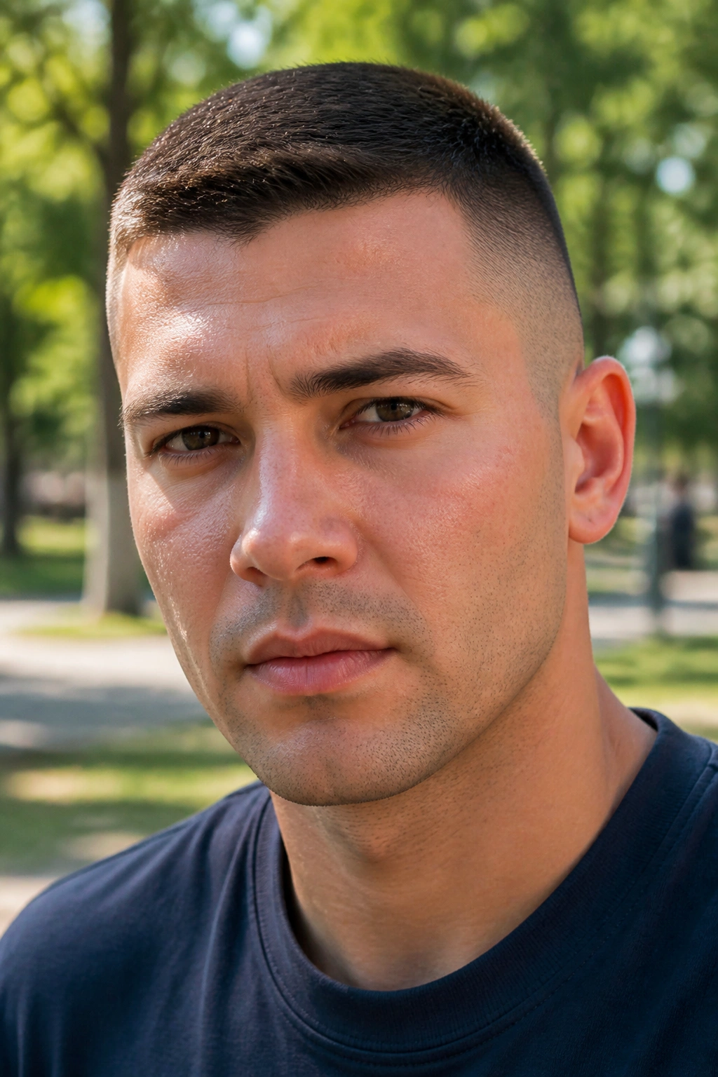 Close-up portrait of a man with crew cut buzz
