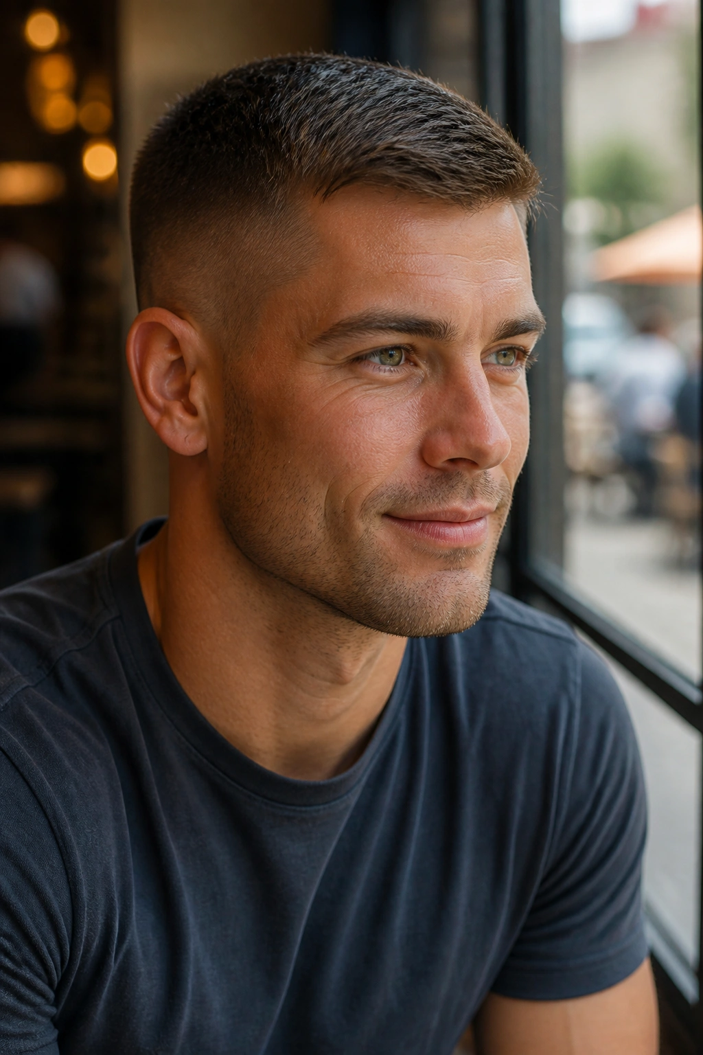 Close-up portrait of a man with a crew cut in a cafe setting