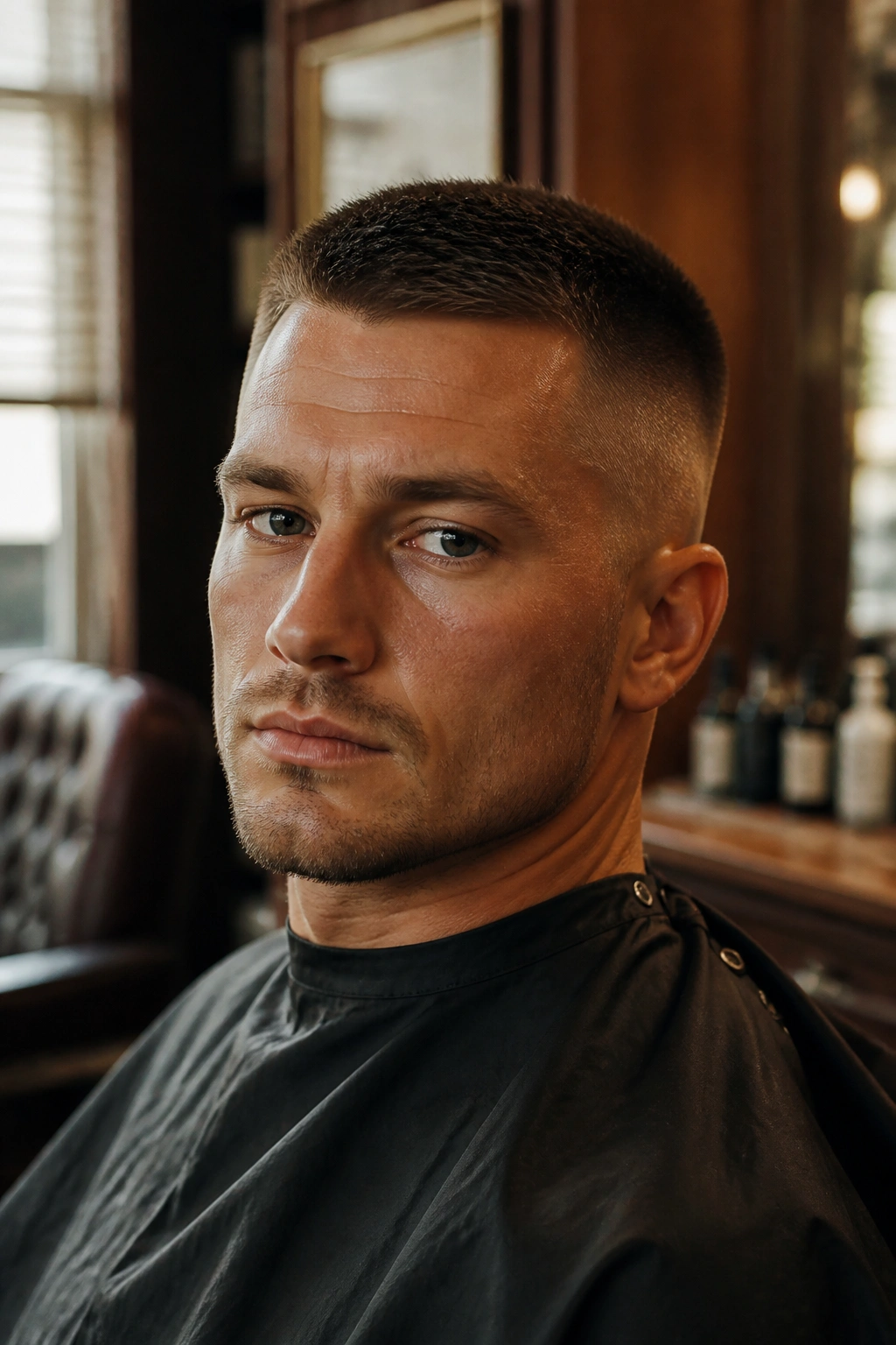 Close-up portrait of a man with a crew cut hairstyle in a barber shop setting
