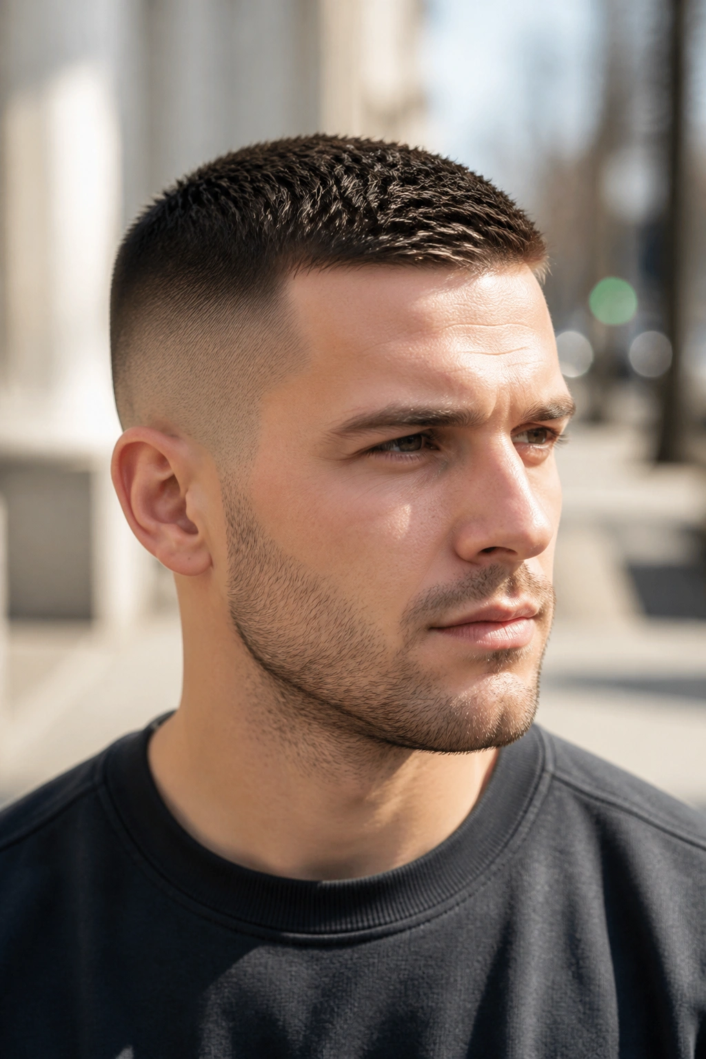 Close-up of a man with a crew cut outdoors on a city sidewalk