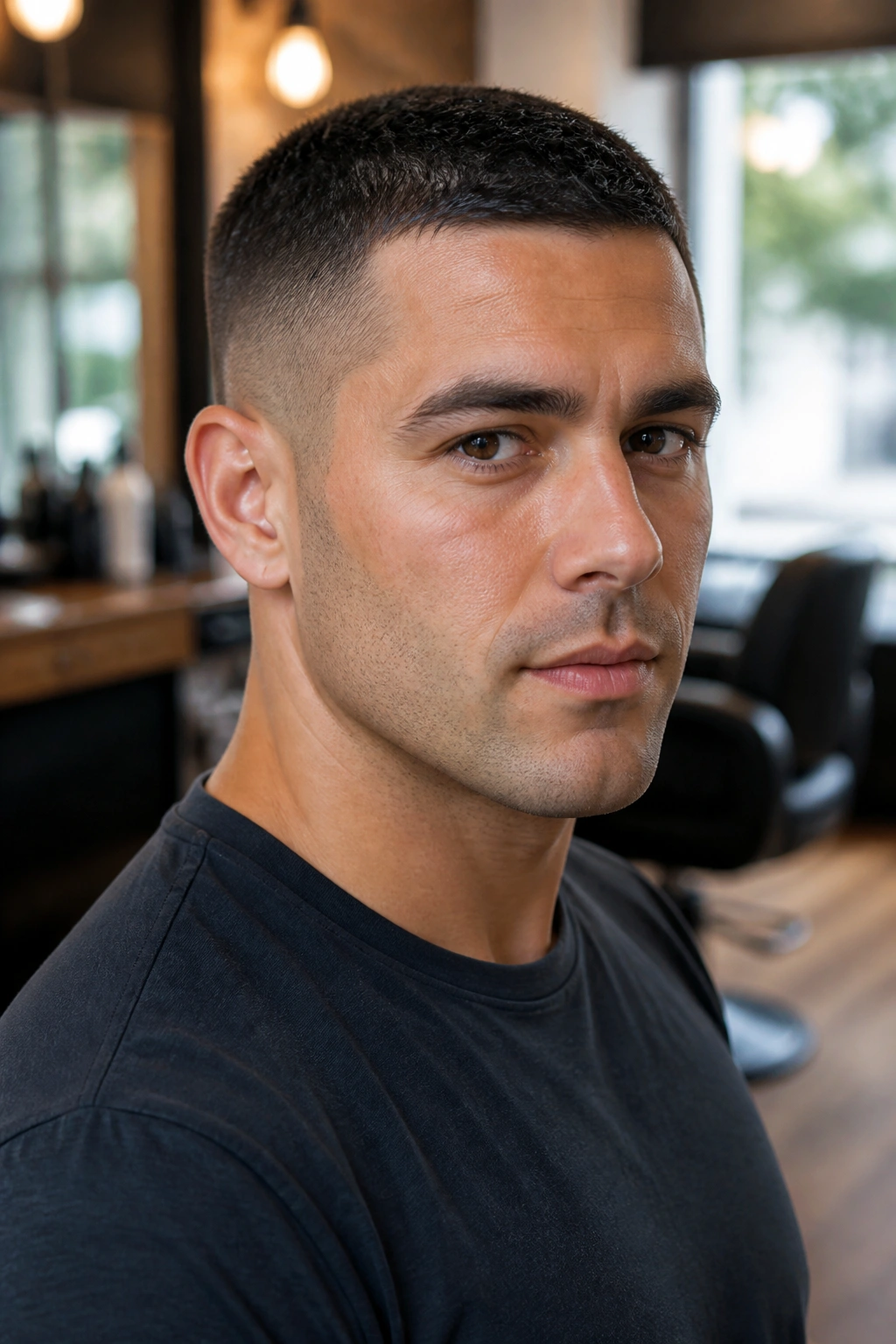 Close-up portrait of a man with a crew cut in a warm barbershop setting