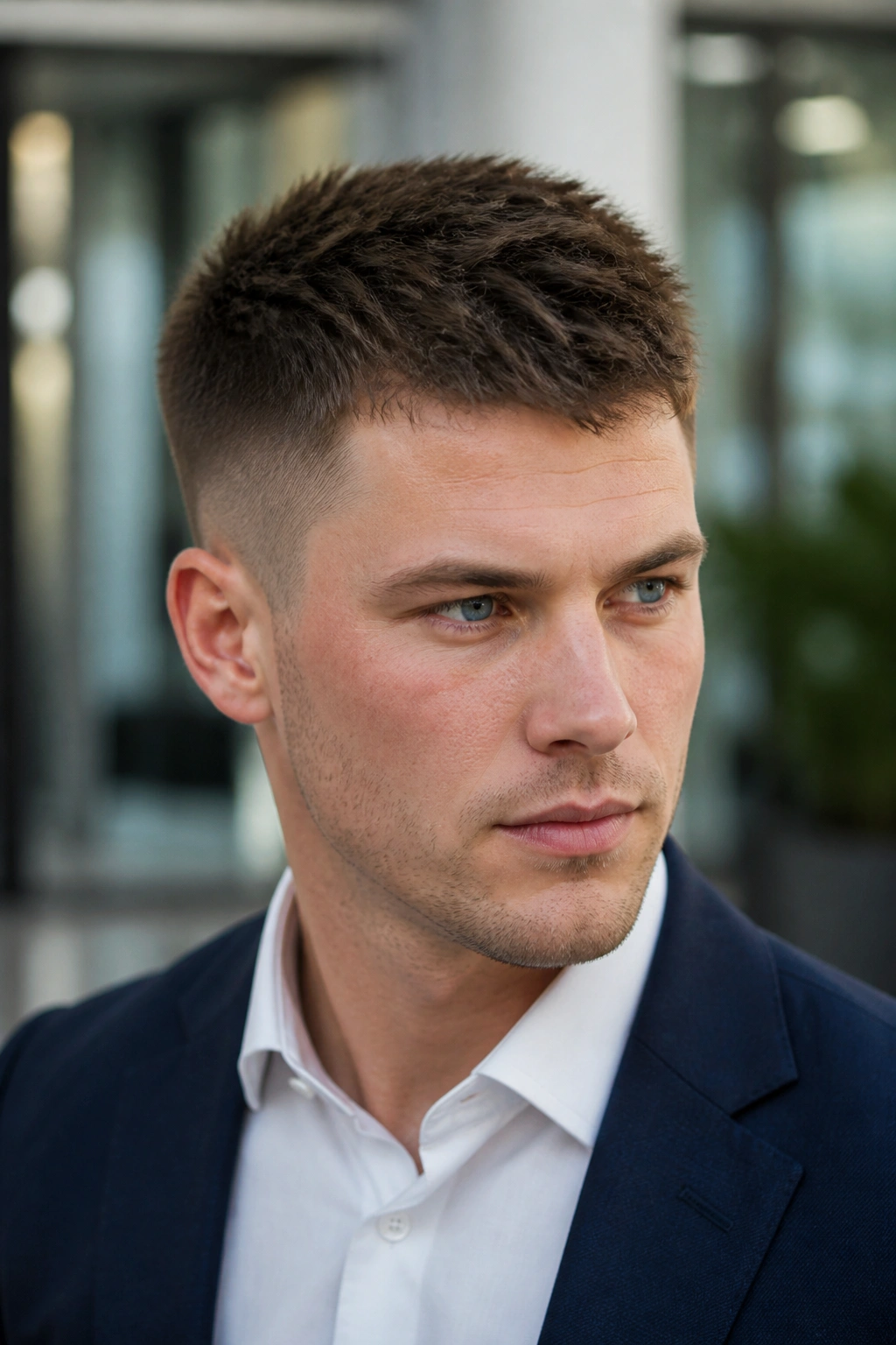 Close-up of a man with a crew cut and piecey top in an office setting
