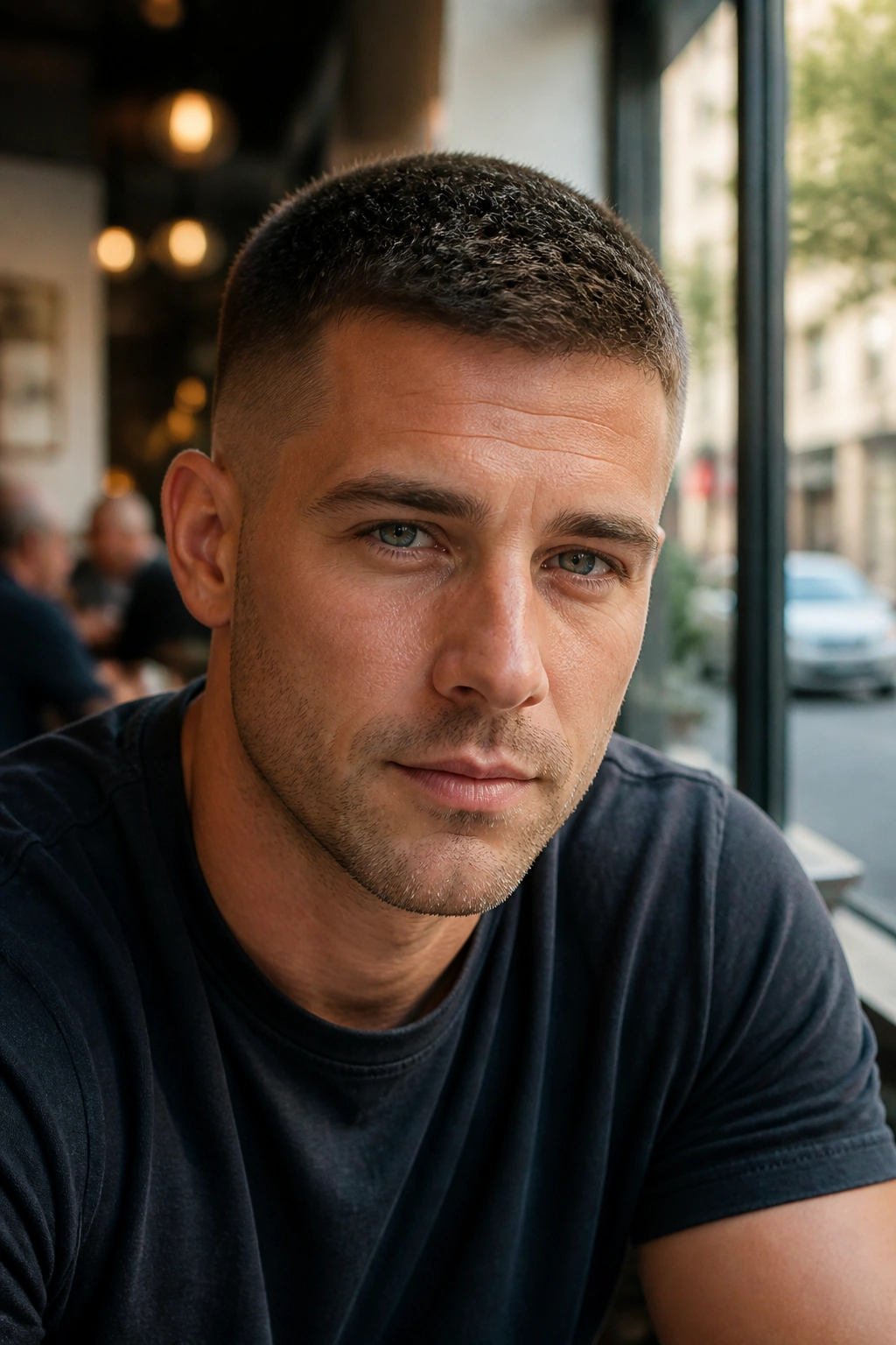 Close-up portrait of a man with a crew cut at a cafe window