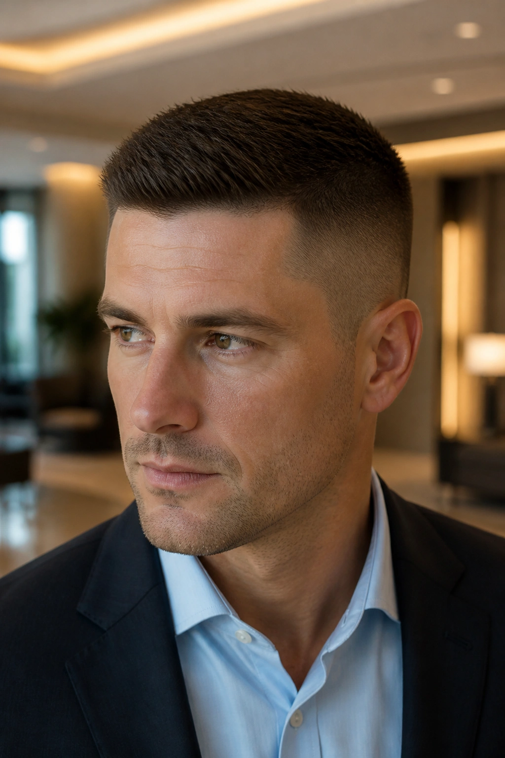 Portrait of a man with a crew cut in an office setting