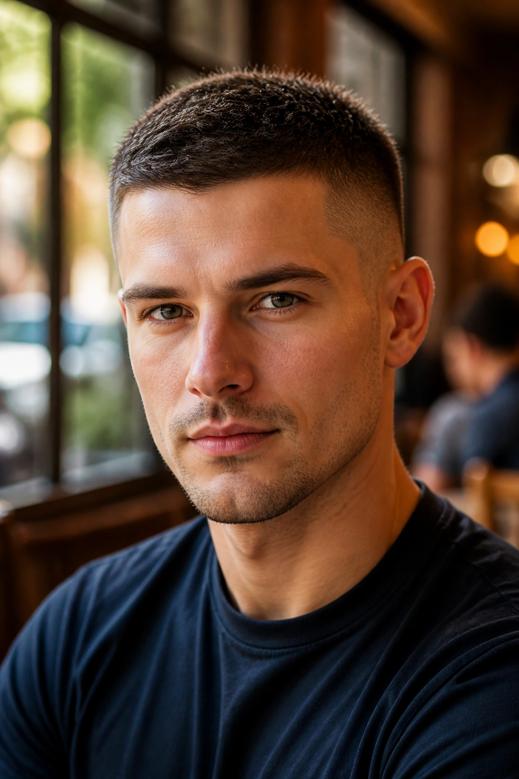 Close-up portrait of a man with a crew cut in a casual cafe setting