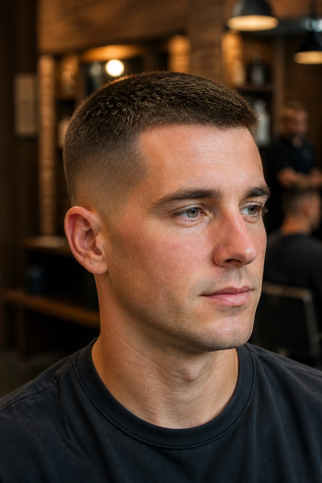 Close-up of a man with a crew cut, short top and tapered sides.