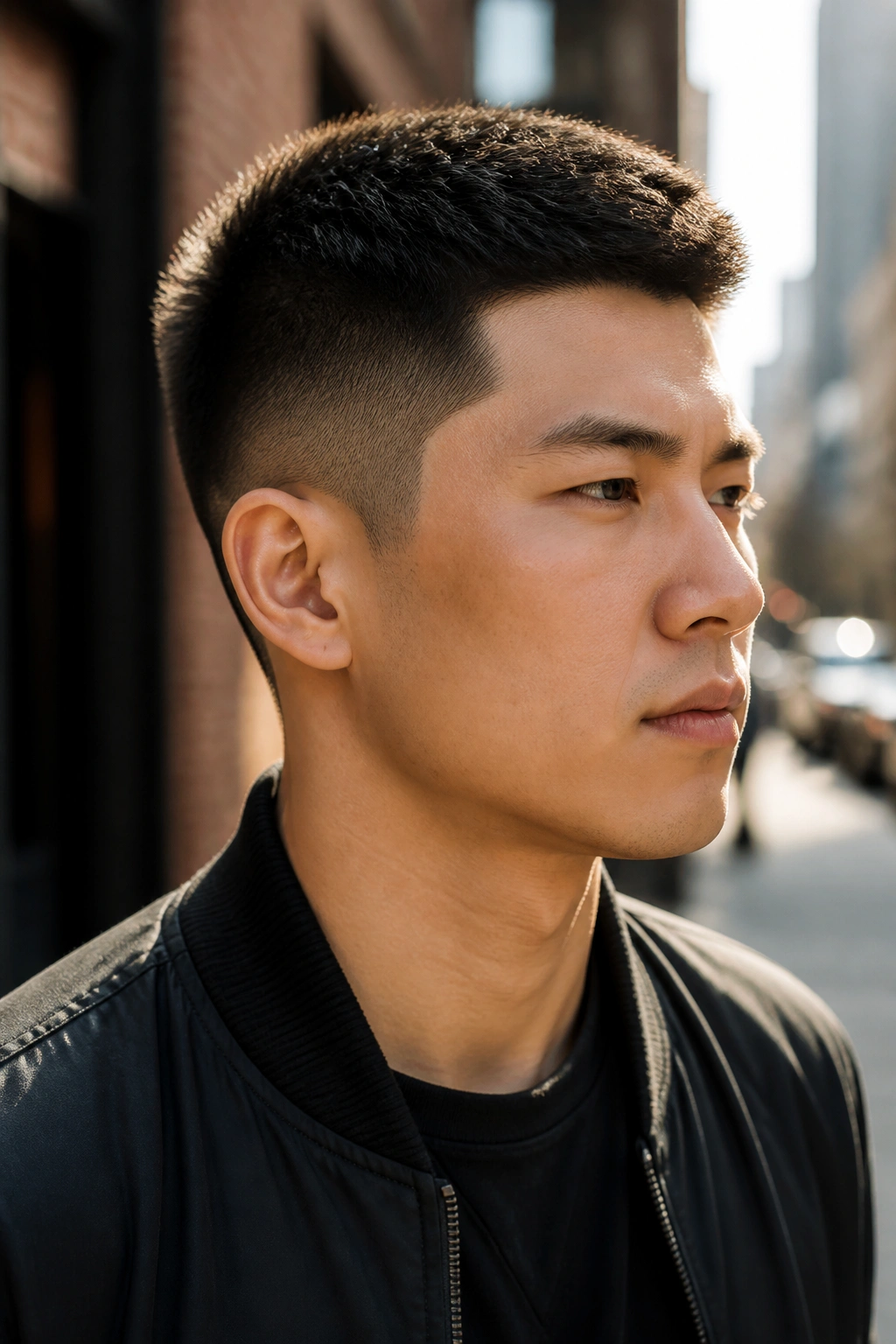 Close-up portrait of a real person with a crew cut and soft top outdoors