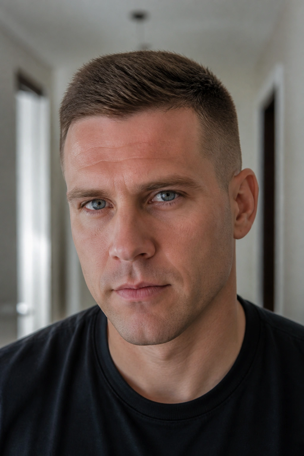 Close-up of man with off-center textured crew cut