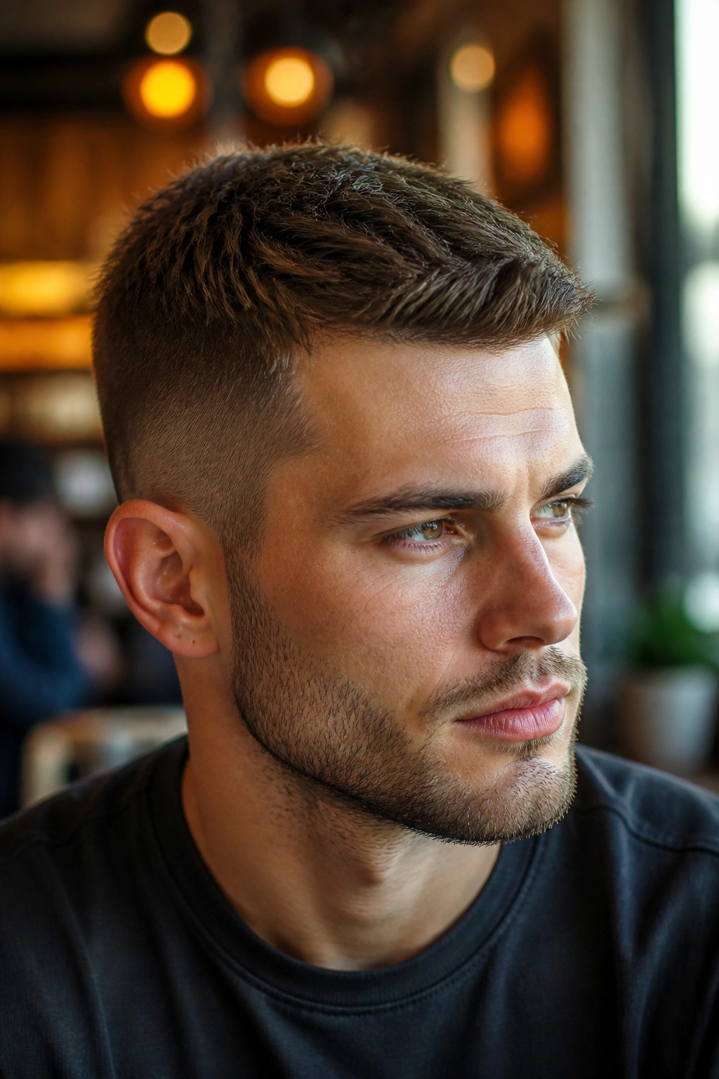 Close-up portrait of a real person with a textured top crew cut.
