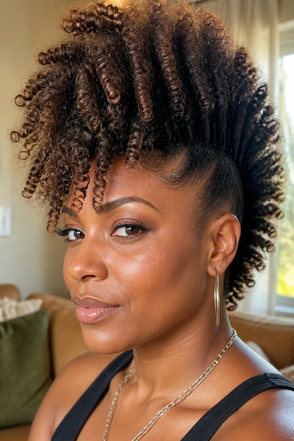 Close-up portrait of a Black woman with a crimped Mohawk in a warm living room