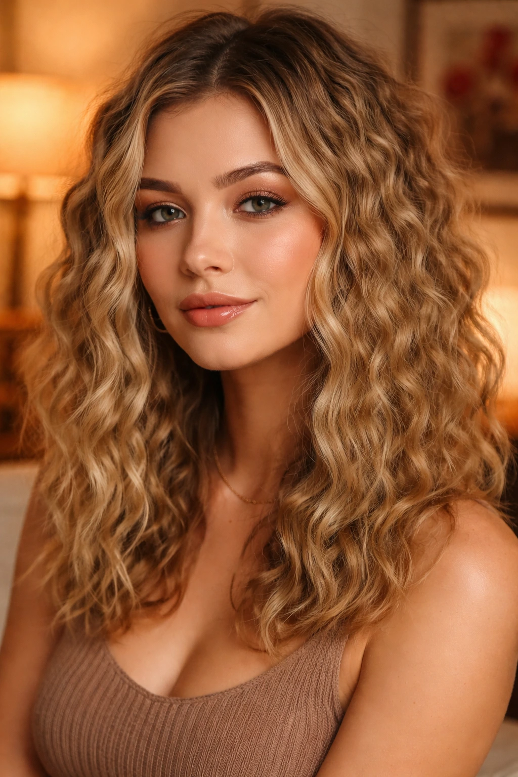 Close-up of a real person with crimped retro waves in warm lighting
